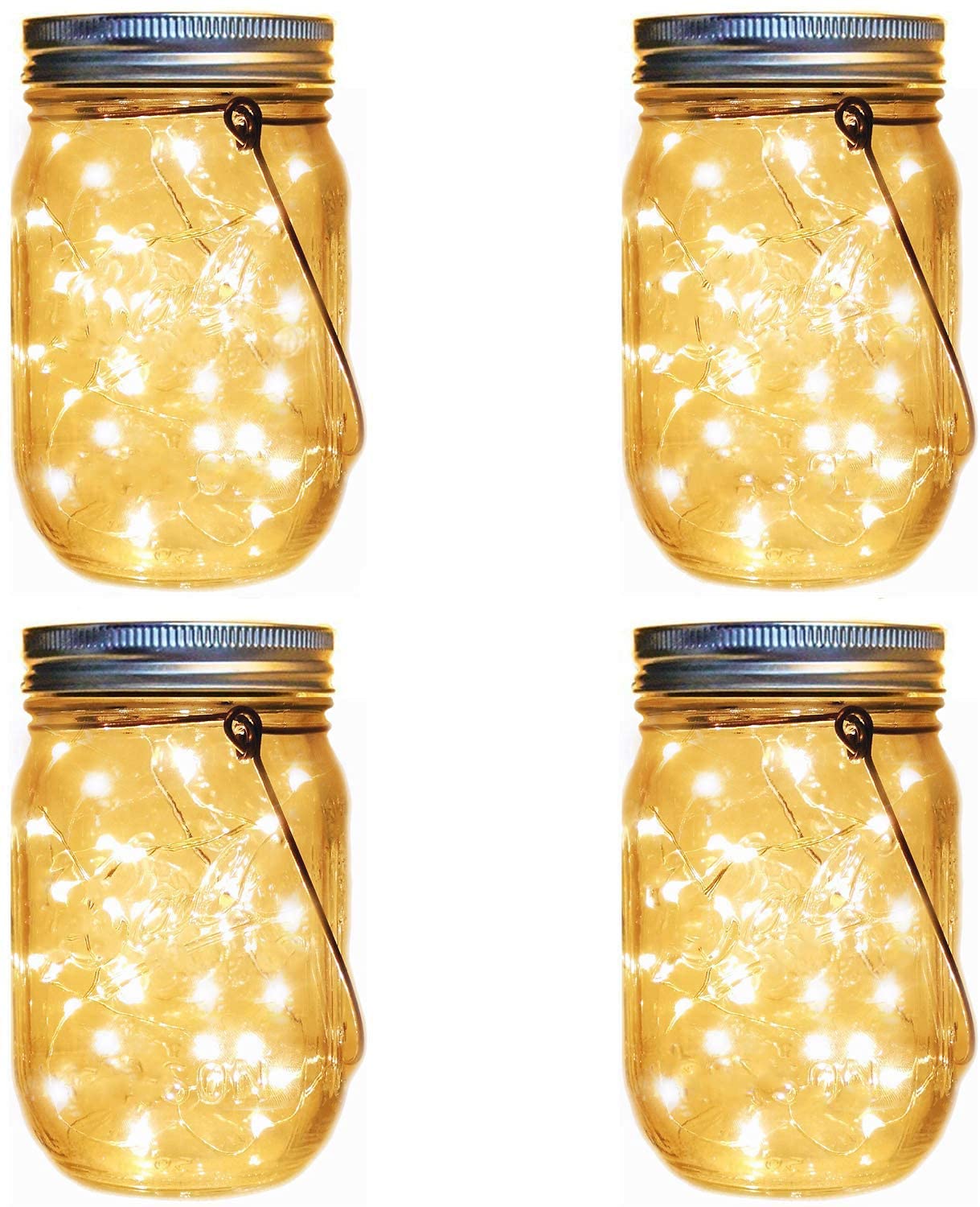 4 Pack Solar Powered Mason Jar Lights - 30 LED Fairy Firefly Starry String Lights with Hangers, Waterproof Outdoor Hanging Lanterns for Garden, Patio, Wedding, Table Decor & Party Lighting