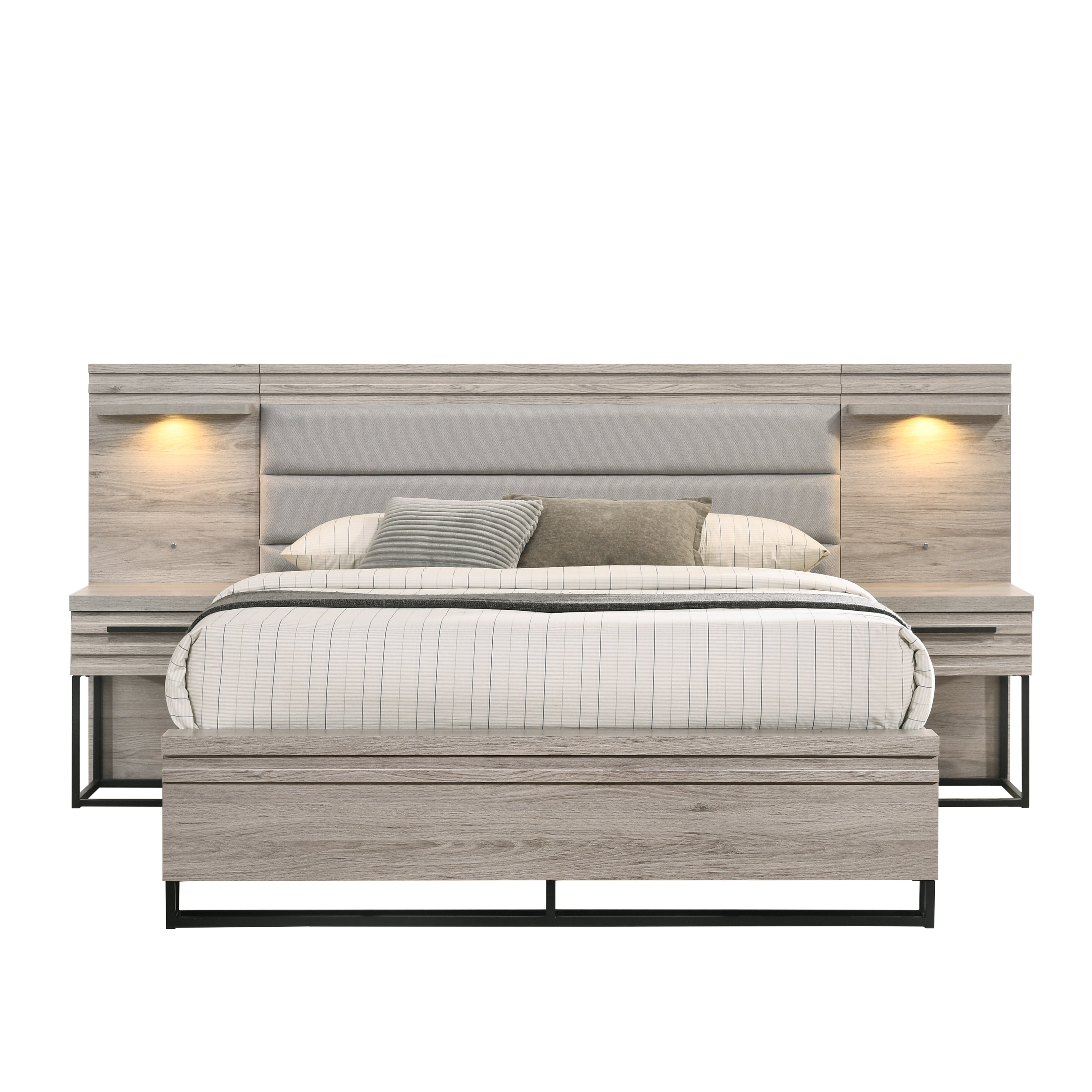 Alvear Upholstered Wood Wallbed with White LED Lights & 2 Nightstands - Modern Space-Saving Murphy Bed in Weathered Gray Finish | Perfect for Small Apartments, Guest Rooms & Studio Living