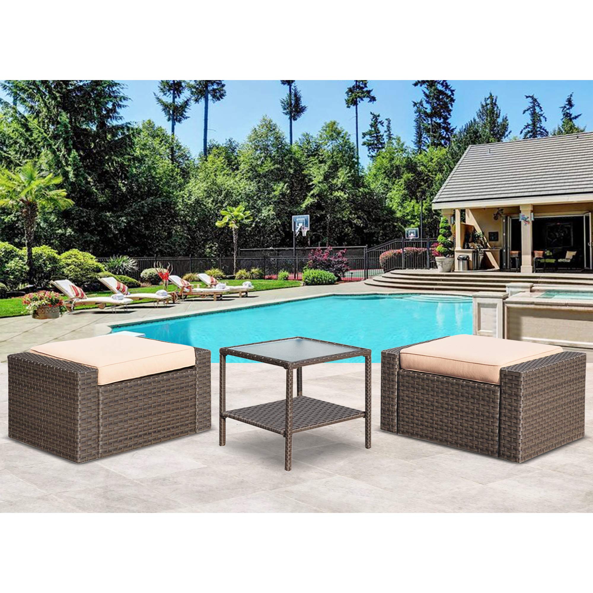 Stamo 3-Piece Outdoor Patio Furniture Set - All-Weather Charcoal Wicker Sectional Sofa with Removable Cushions & Glass Coffee Table - Perfect for Backyard, Garden, Poolside or Balcony Relaxation