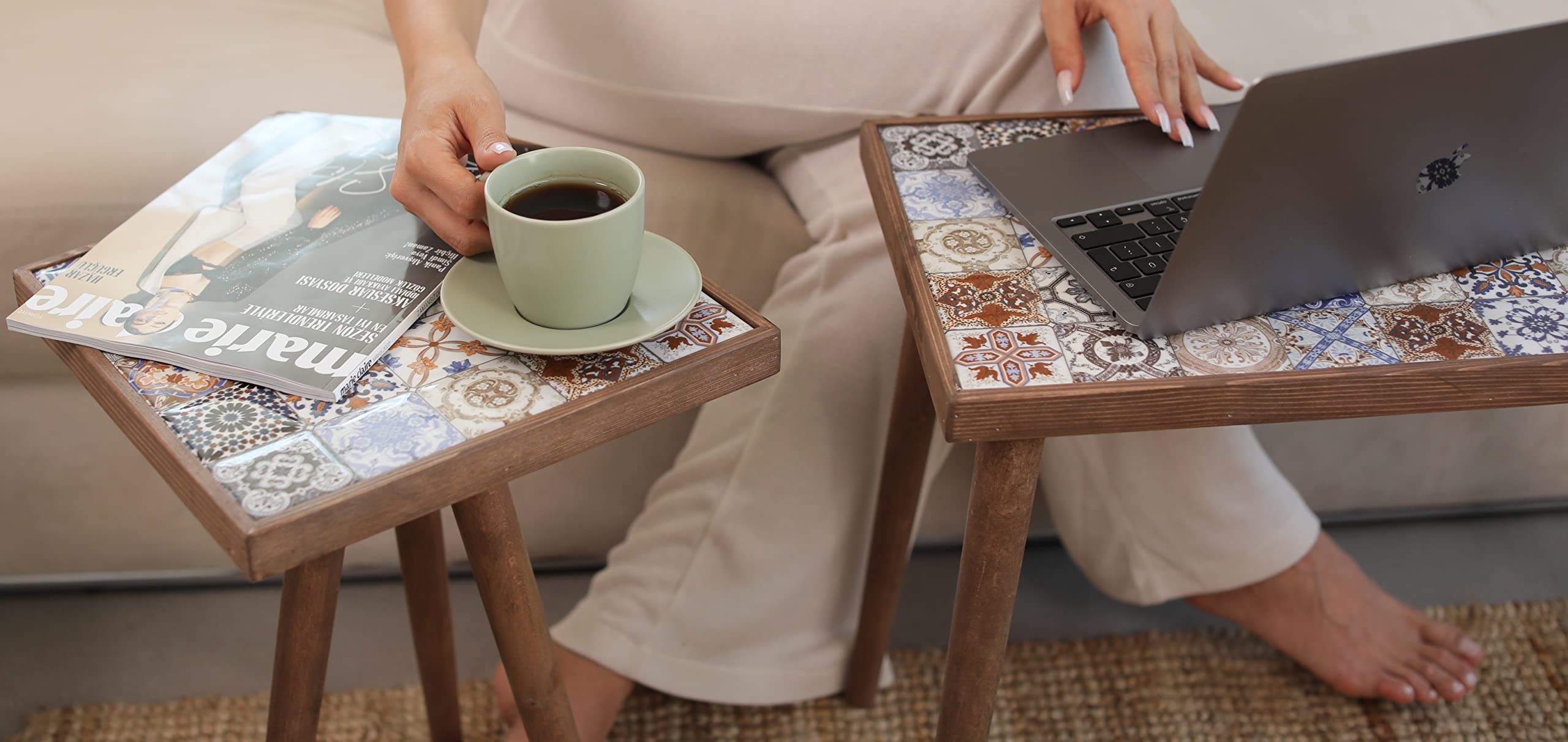 Comfyt Side Table - Solid Wood Coffee Table with Mexican Tile Top, Ceramic End Table for Living Room, Bedroom & Home Decor | Nightstand, Bedside Table & Accent Table for Modern Homes