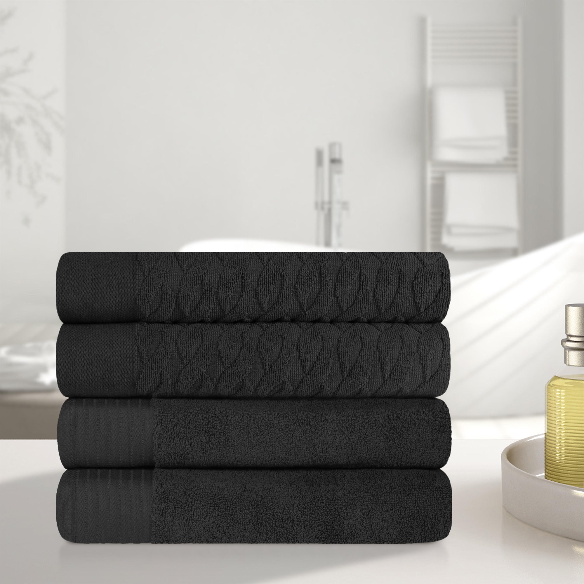 Premium Turkish Cotton Jacquard Herringbone & Solid 4-Piece Bath Towel Set - Ultra Soft & Absorbent Luxury Towels for Spa, Bathroom & Guest Use