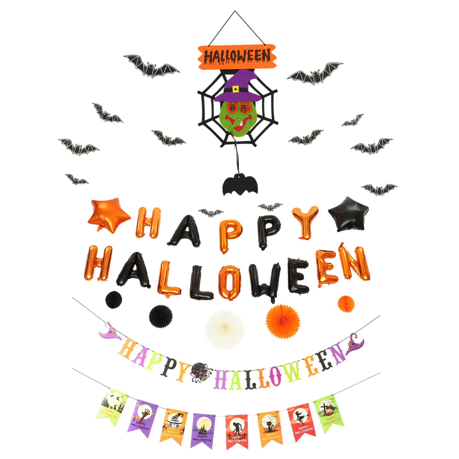 37-Piece Halloween Decorations Kit - Happy Halloween Balloons, Banner, Garland, Bat Stickers, Paper Fans & Honeycomb Balls for Spooky Party Decor | Perfect for Indoor/Outdoor Halloween Party, Haunted House & Trick-or-Treat Decorations