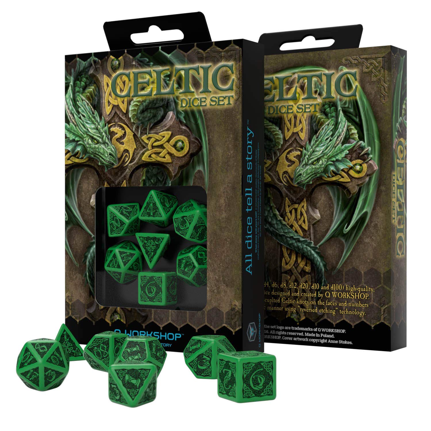 Celtic 3D Green & Black Dice Set (7-Piece) - Premium Polyhedral RPG Dice for Dungeons & Dragons, Pathfinder & Tabletop Gaming - Refreshed Design with Enhanced Details