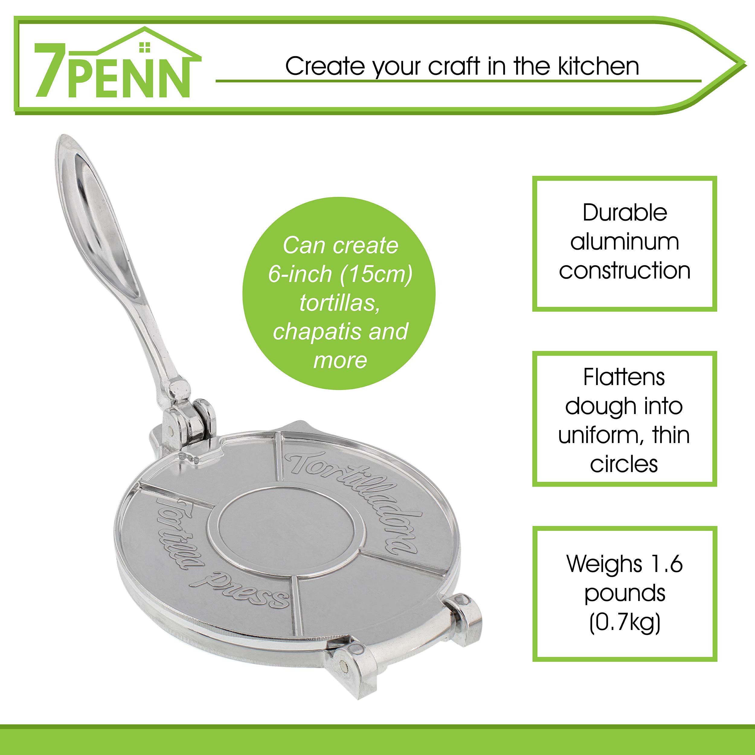 7Penn 6-Inch Aluminum Tortilla Press - Heavy Duty Corn & Flour Tortilla Maker for Roti, Naan, Chapati, Tacos | Perfect for Home Cooking, Mexican Cuisine, Indian Flatbreads & DIY Taco Nights
