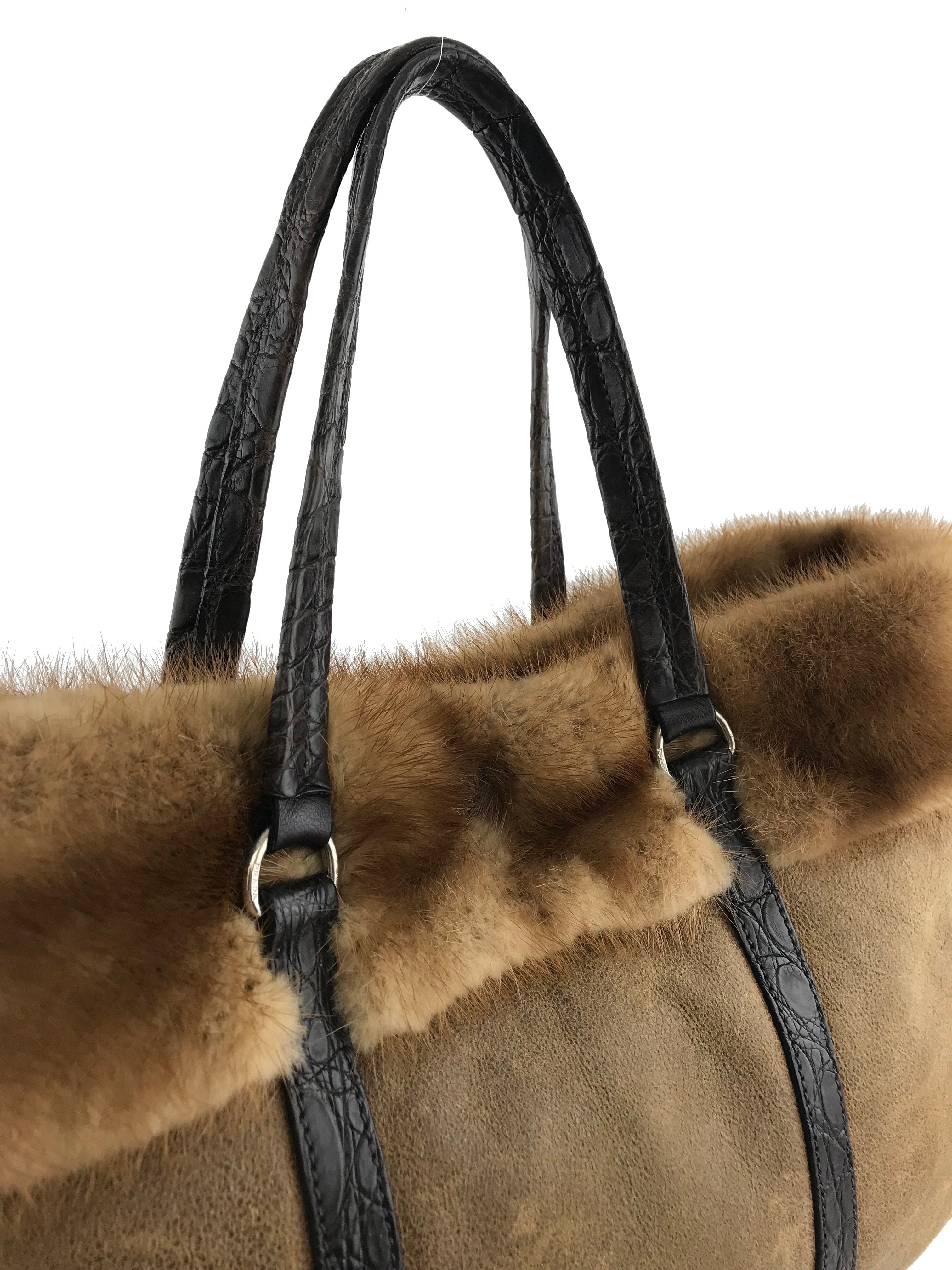 Prada Distressed Leather Mink Fur Tote Bag for Women - Luxury Designer Handbag for Shopping, Work & Travel | Stylish Everyday Purse for Office & Outings