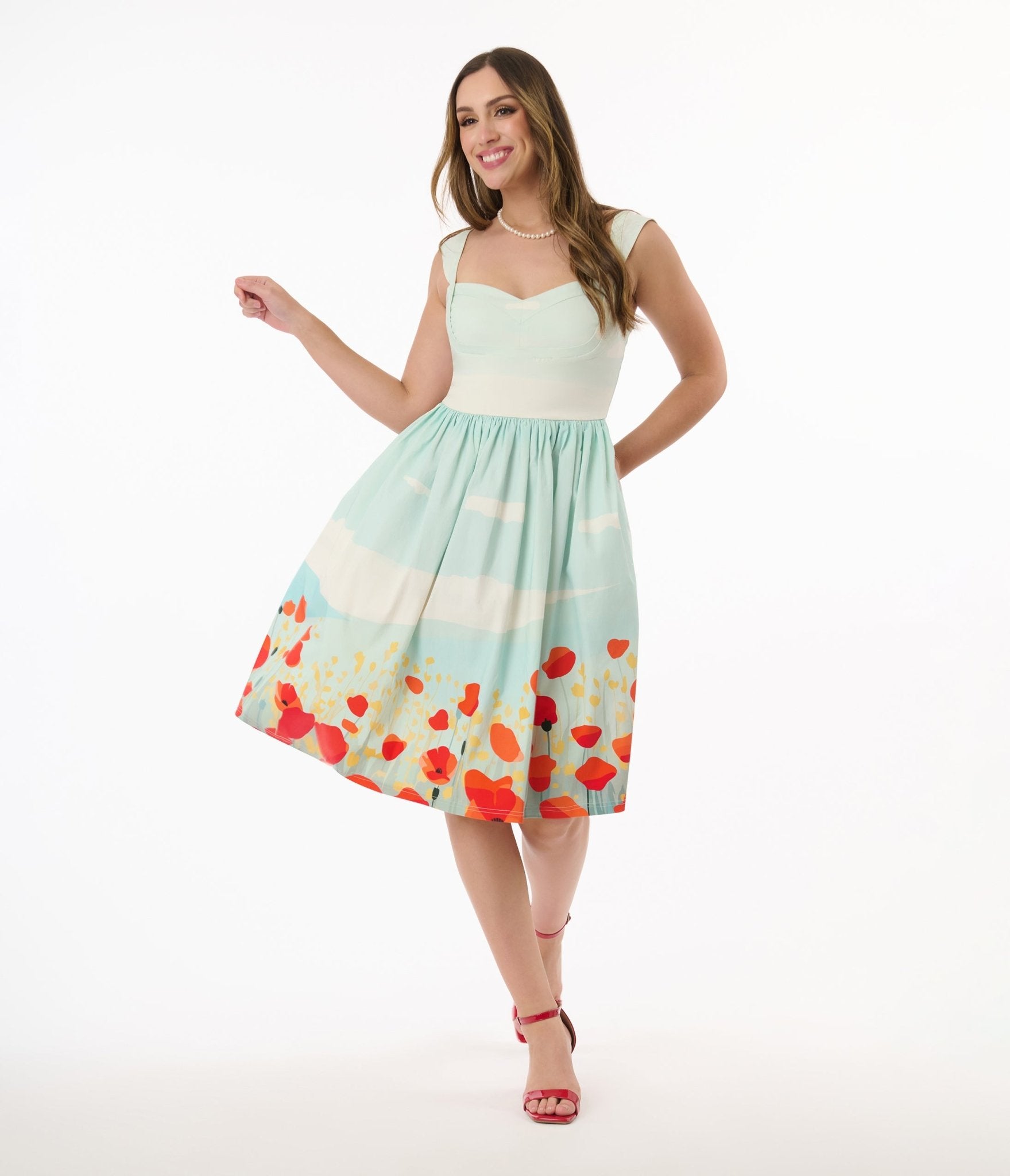 Vintage Blue Sky & Poppy Field Sleeveless Swing Dress - Floral Summer Dress for Women, Casual Boho Sundress for Beach, Picnic & Outdoor Events
