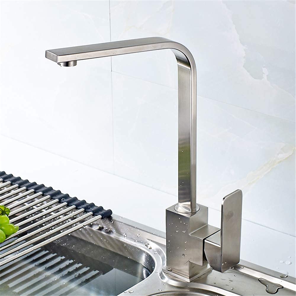 Stainless Steel Single Hole Kitchen Faucet with Pull Down Sprayer - Cold & Hot Water Mixer, Square One Handle 7-Inch Swivel Spout with Aerator for Modern Home Kitchen Sink