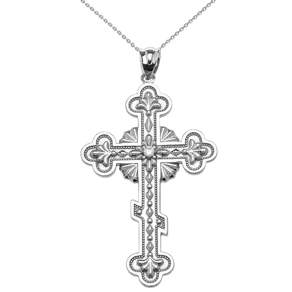 Elegant Sterling Silver Eastern Orthodox Cross Pendant Necklace with Solitaire Diamond - Perfect for Religious Occasions, Baptisms & Spiritual Gifts