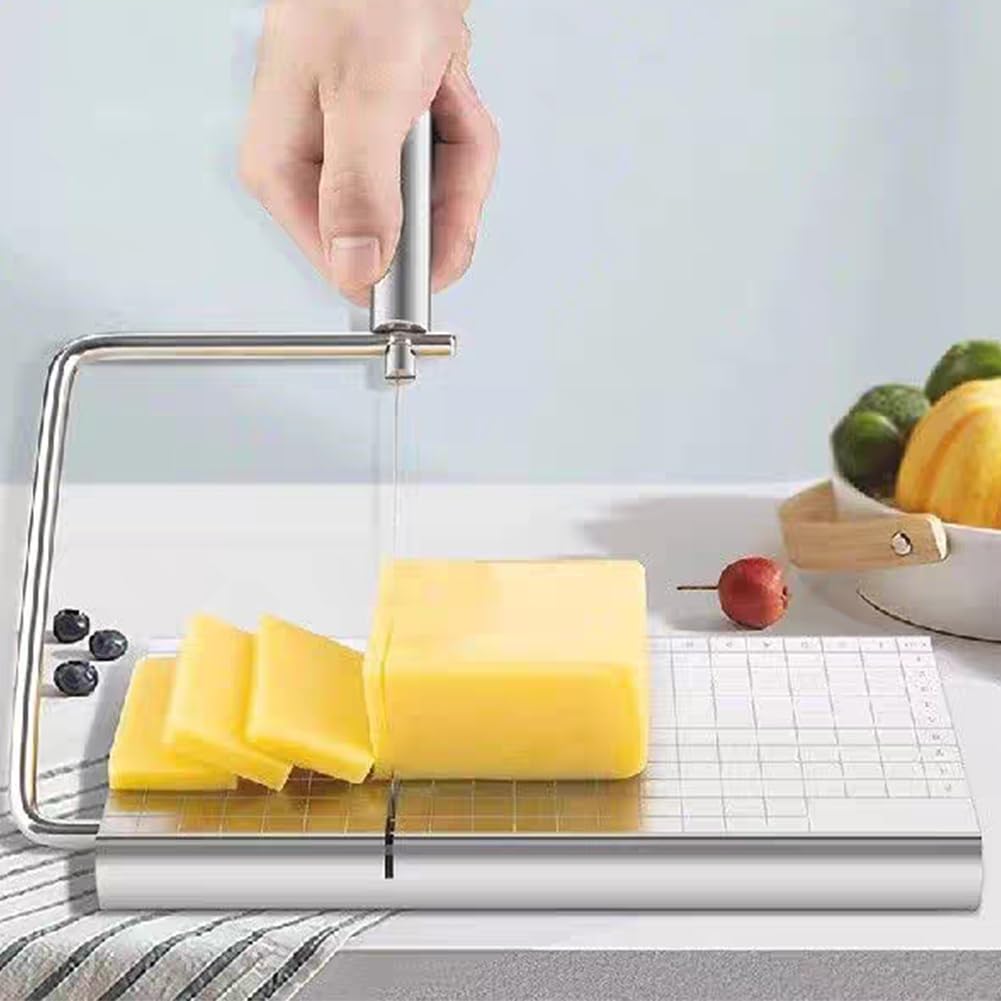 Premium Stainless Steel Cheese Slicer with 6 Replacement Wires - Cheese Cutter Board for Block Cheese, Effortless Slicing - Perfect for Kitchen, Party Platters & Charcuterie Boards (Silver)