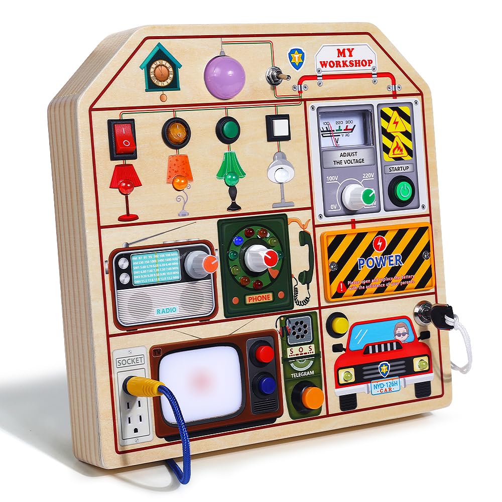 Montessori Wooden Busy Board for Toddlers 1-3 Years Old - Sensory Learning Toy with LED Lights, Switches, TV, Radio & Car Driving - Travel & Birthday Gift for Boys & Girls - Perfect for Airplane, Car Rides & Home Playtime