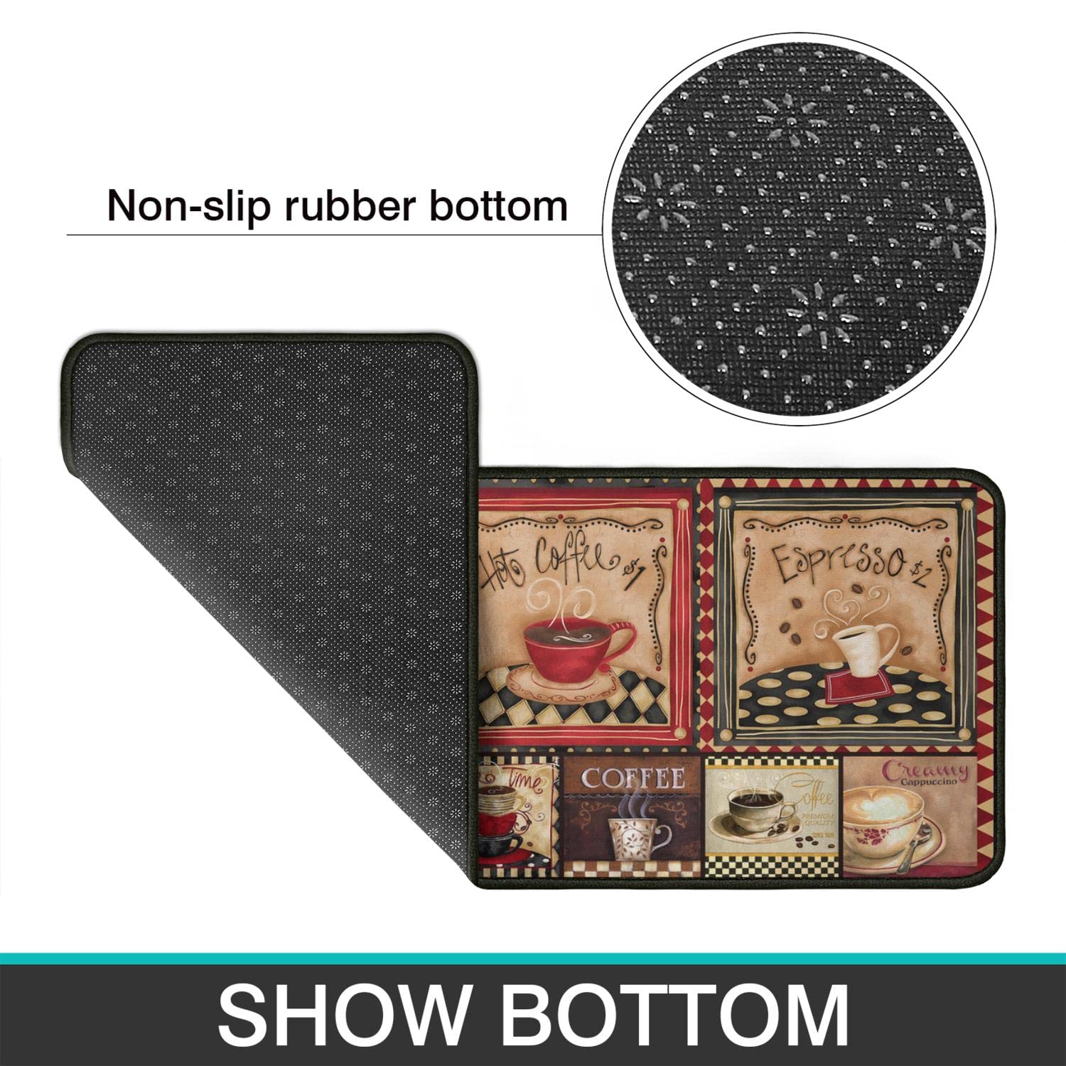 2-Piece Non-Slip Washable Kitchen Rug Set - Absorbent Microfiber Coffee Themed Decor Mats (17