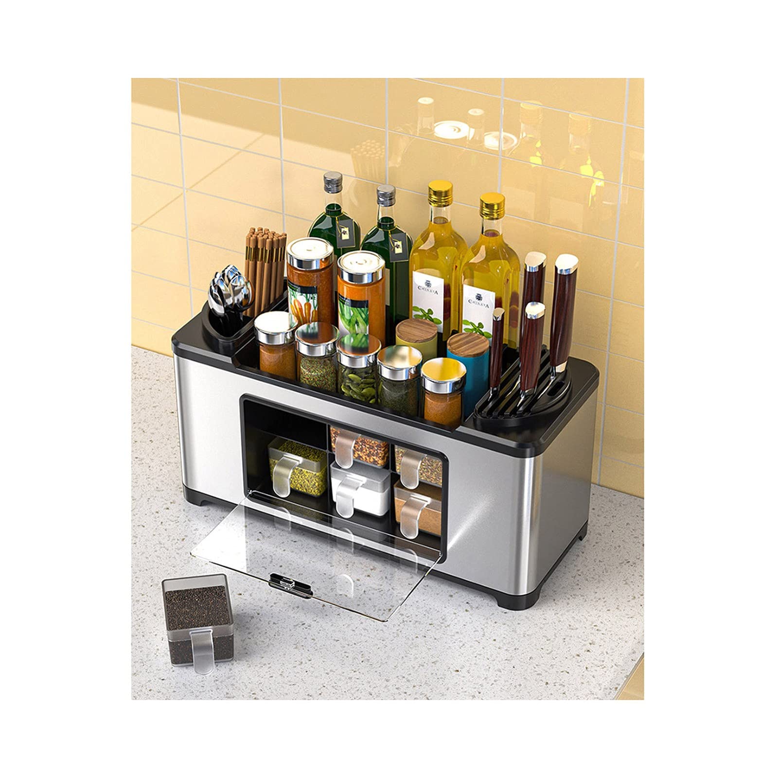 Premium ACD Multi-Function Spice Box Rack - 12 Bottle Seasoning Organizer with Brush Jar & Spoon Holder - Kitchen Storage Solution for Countertop, Pantry & Spice Cabinet Organization