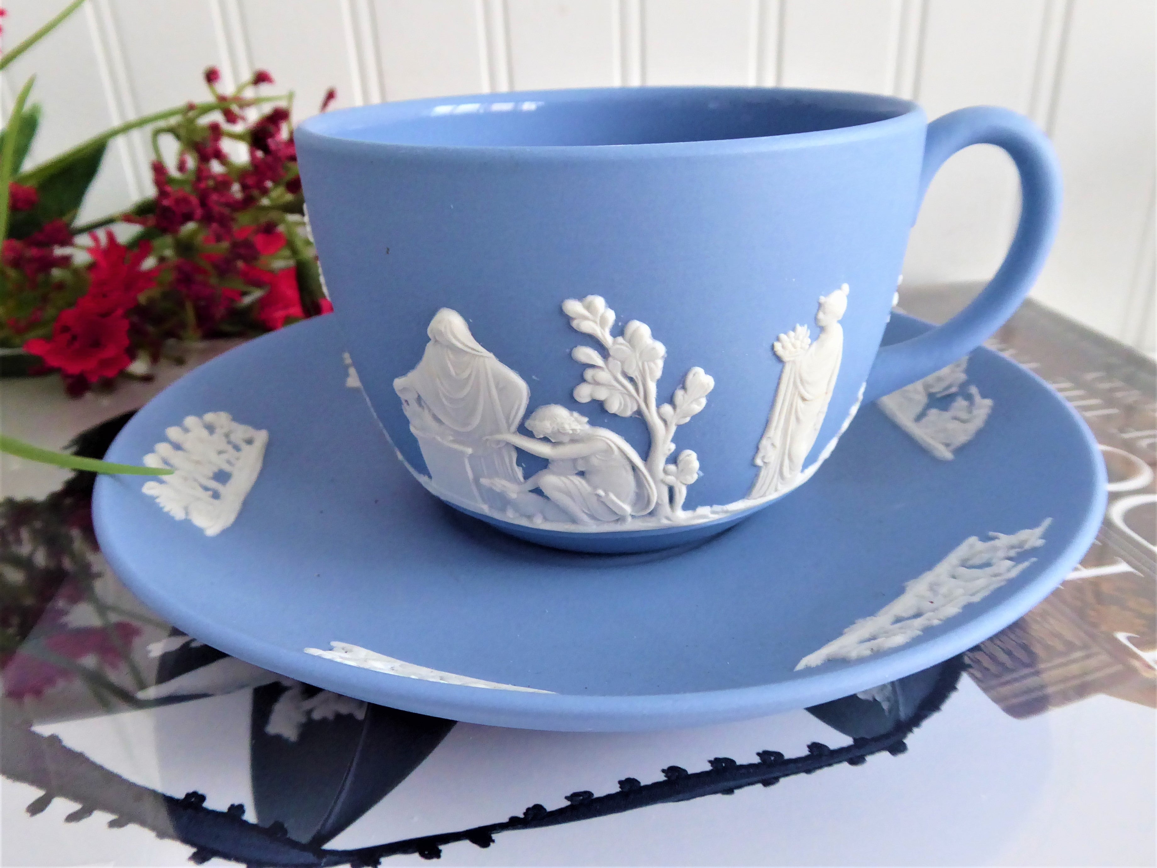 Vintage Wedgwood Blue Jasperware Cup and Saucer Set with Cherub Figures - England 1960 Collectible Fine China for Afternoon Tea & Antique Display