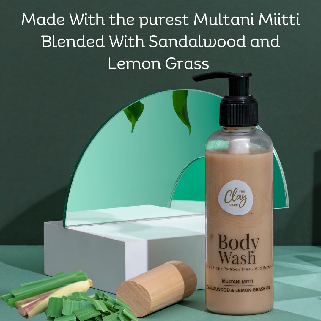 **Clay Care - Antibacterial Body Wash with Multani Mitti (Fuller Earth), Sandalwood & Lemongrass Oil | Natural, Sulfate-Free, Vegan, Paraben-Free, Cruelty-Free | For All Skin Types - Men & Women | 200 ml | Deep Cleansing for Acne-Prone & Oily Skin**