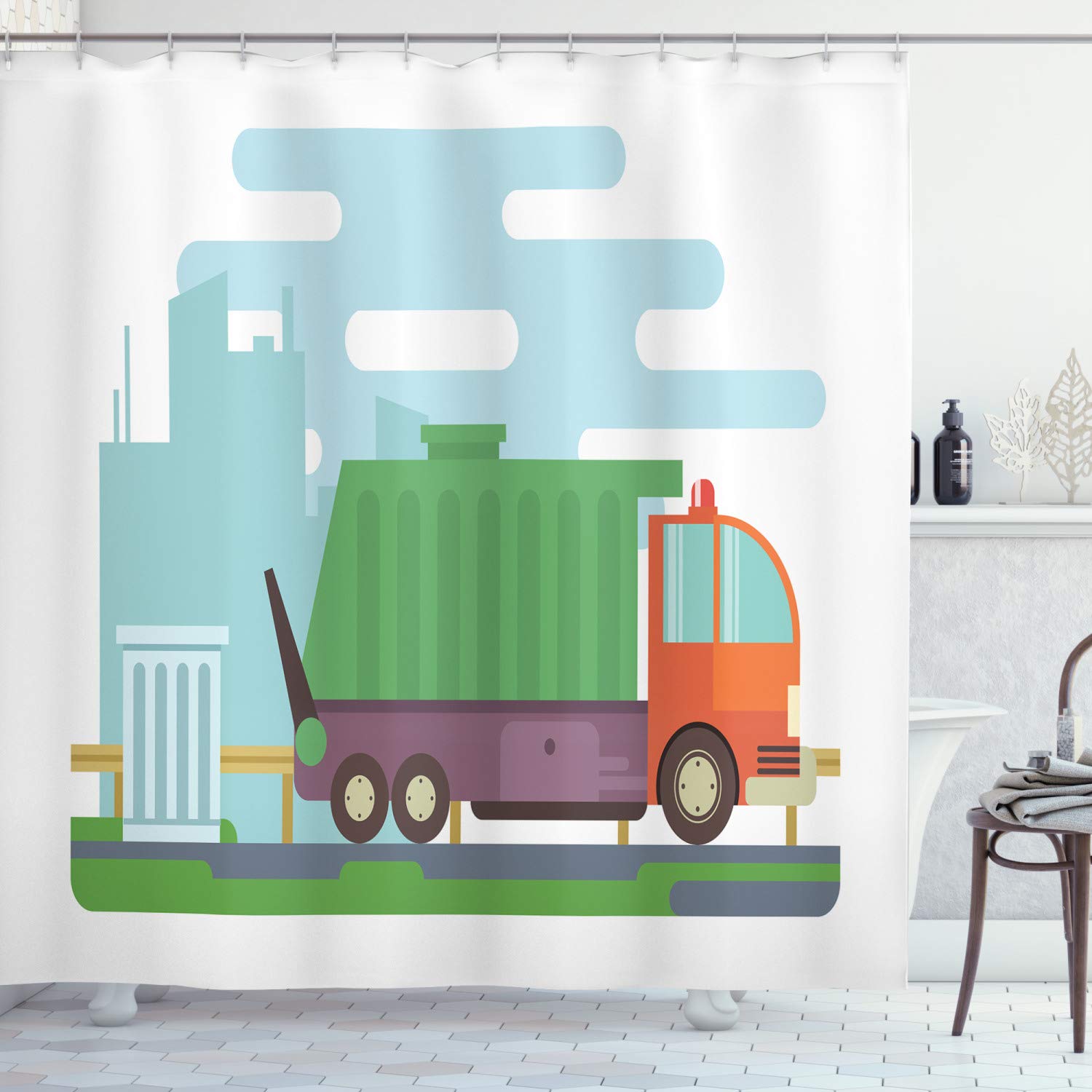 Ambesonne Garbage Truck Shower Curtain - Colorful Doodle Design Waste Collection Vehicle Print, 69x84 Inch Fabric Bathroom Decor with Hooks - Perfect for Kids' Bathroom, Truck Theme Nursery or Fun Themed Home Decor