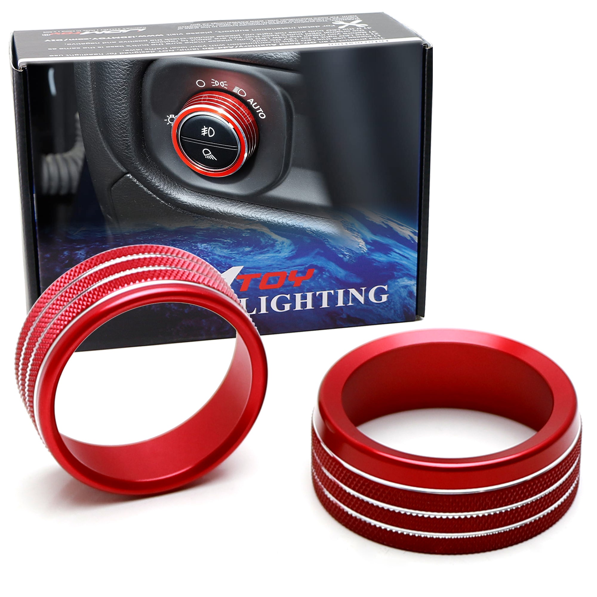 2-Piece Red 2WD/4WD Selector & Headlight Switch Knob Cover Trim for 2019+ RAM Trucks - Off-Road & Night Driving Accessories