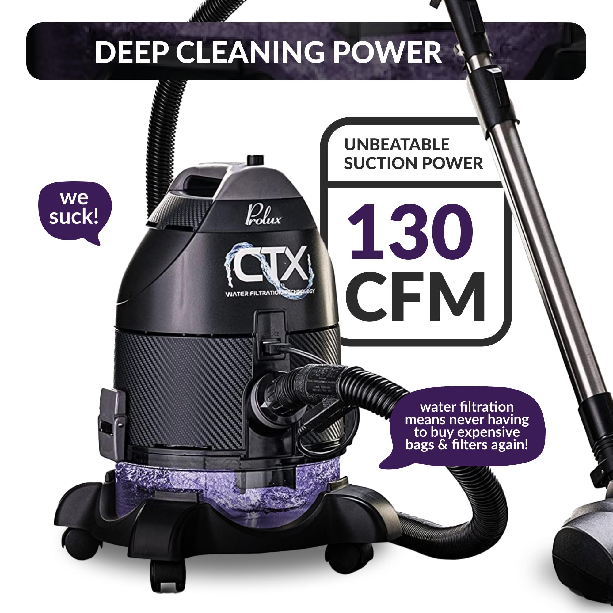 Prolux CTX Bagless Wet-Dry Canister Vacuum Cleaner with HEPA Air Purifier & Water Filtration - Advanced Deep Cleaning for Hardwood, Tile & Carpet - Perfect for Home, Office & Pet Hair Removal