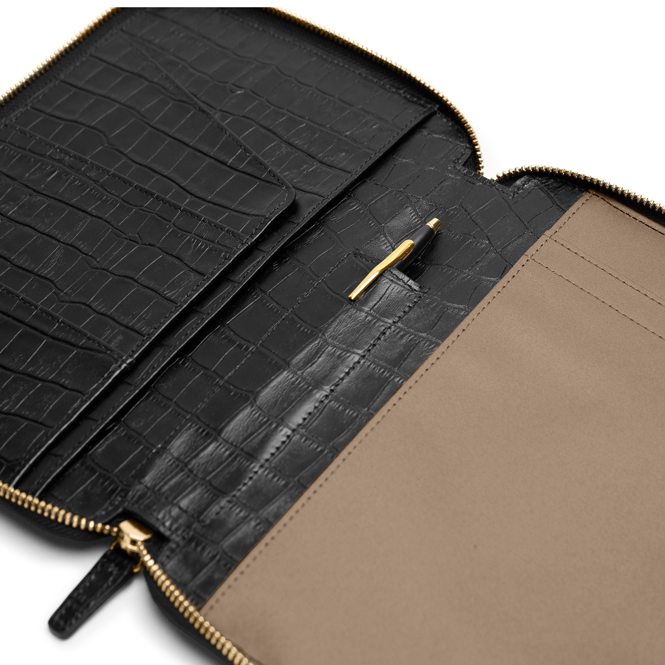 A5 Junior Zippered Padfolio - Professional Black Crocodile Leather Organizer for Students & Business Meetings | Perfect for School, Office & Presentations