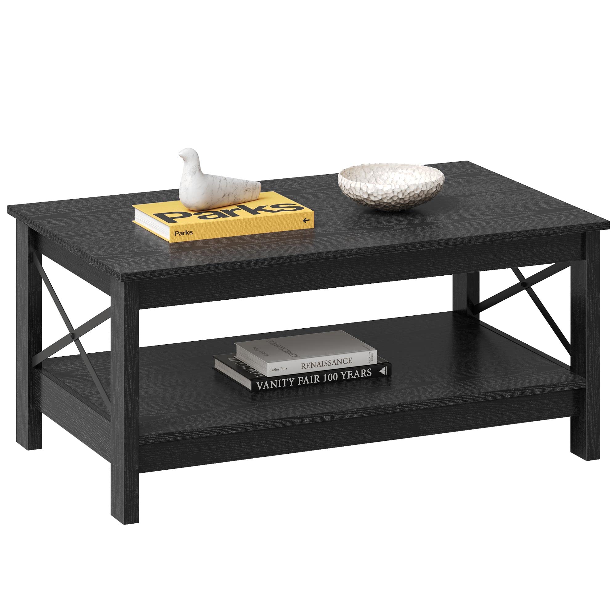 Modern Farmhouse Coffee Table with Storage - 2-Tier Wooden Center Table for Living Room, Sturdy Black Cocktail Accent Table | Perfect for Small Spaces, Home Decor & Entertaining Guests