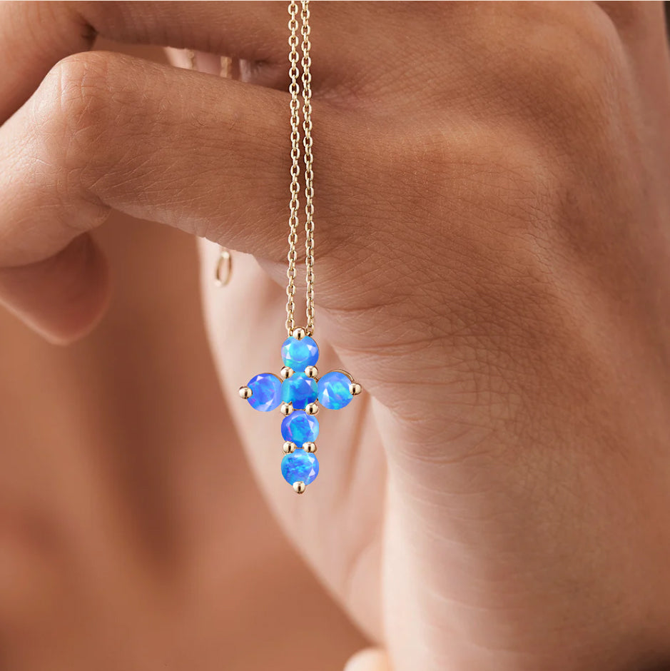 Blue Opal Gemstone Cross Pendant Necklace - Elegant Spiritual Jewelry for Women - Perfect for Church, Weddings & Everyday Wear