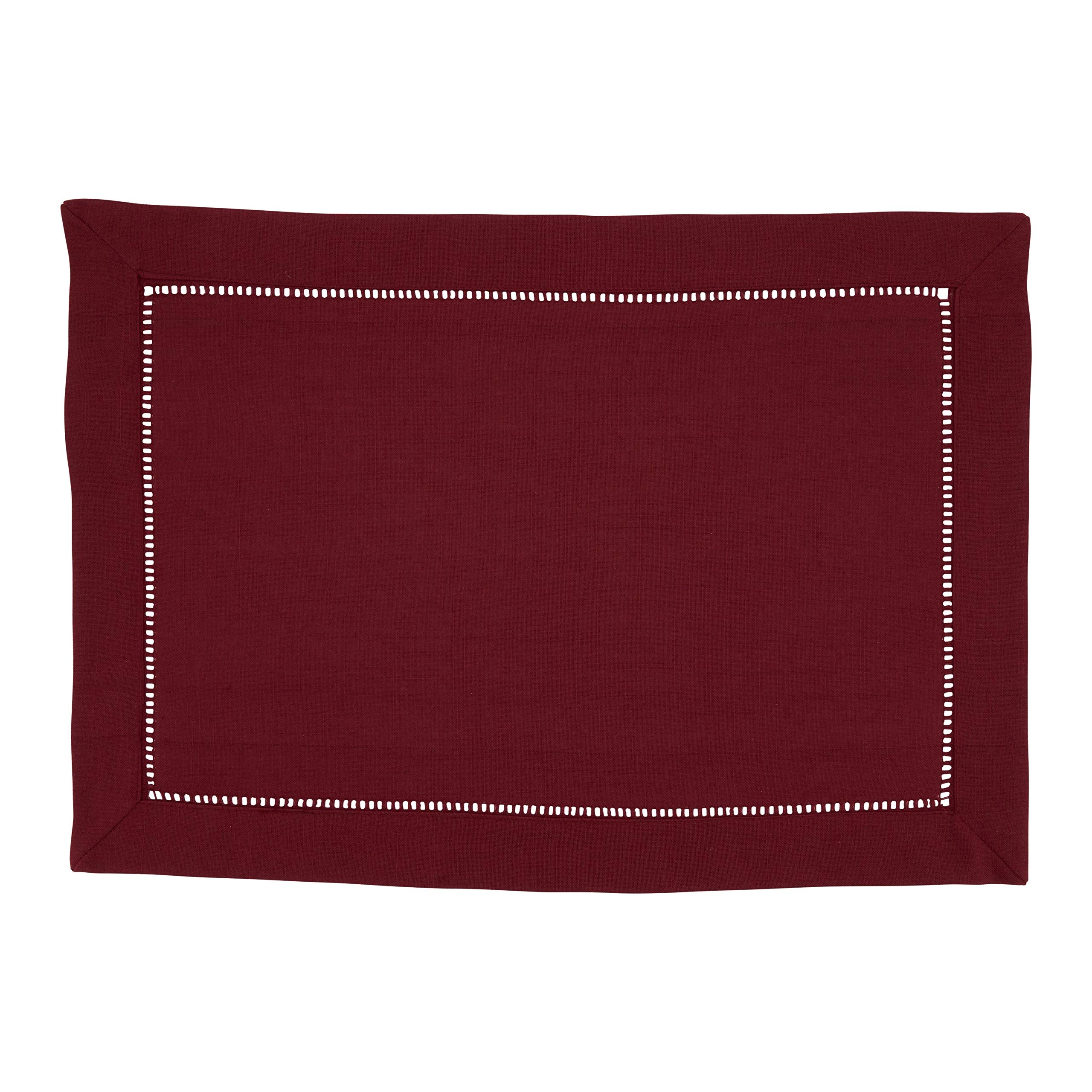 Premium Classic Hemstitch Border Placemats Set of 12 - Red Oblong Polyester Table Mats for Dining, Parties & Home Decor