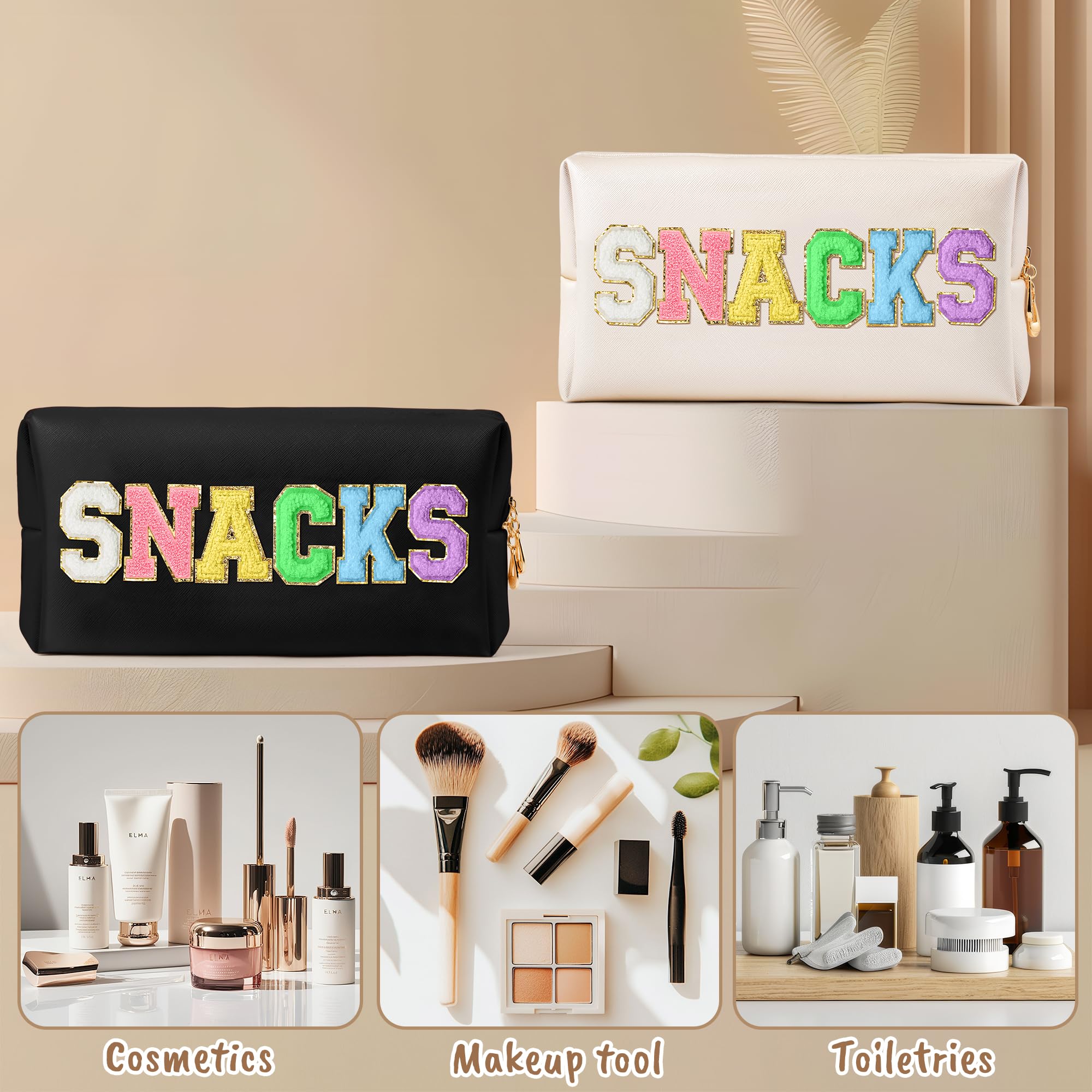 CY2SIDE SNACKS Letter Makeup Bag - Waterproof Black PU Leather Cosmetic Pouch with Colorful Chenille Letter Patch, Portable Travel Organizer for Women & Girls | Perfect for Travel, Gym, and Christmas Gifts