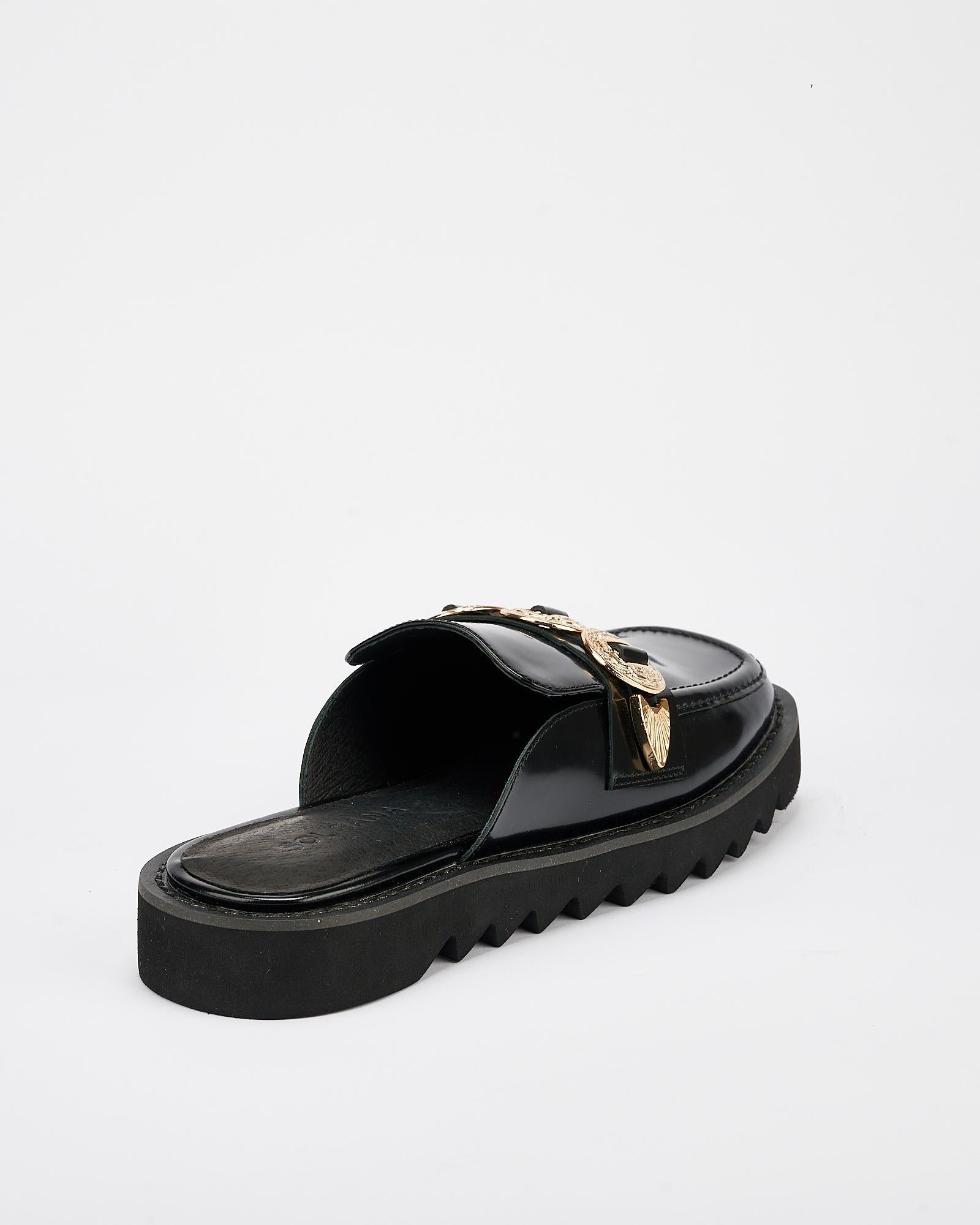 Elana Loafer Shoes for Women - Black & Gold Leather Slip-On Loafers - Comfortable & Stylish Casual & Office Flats for Work, Travel & Everyday Wear