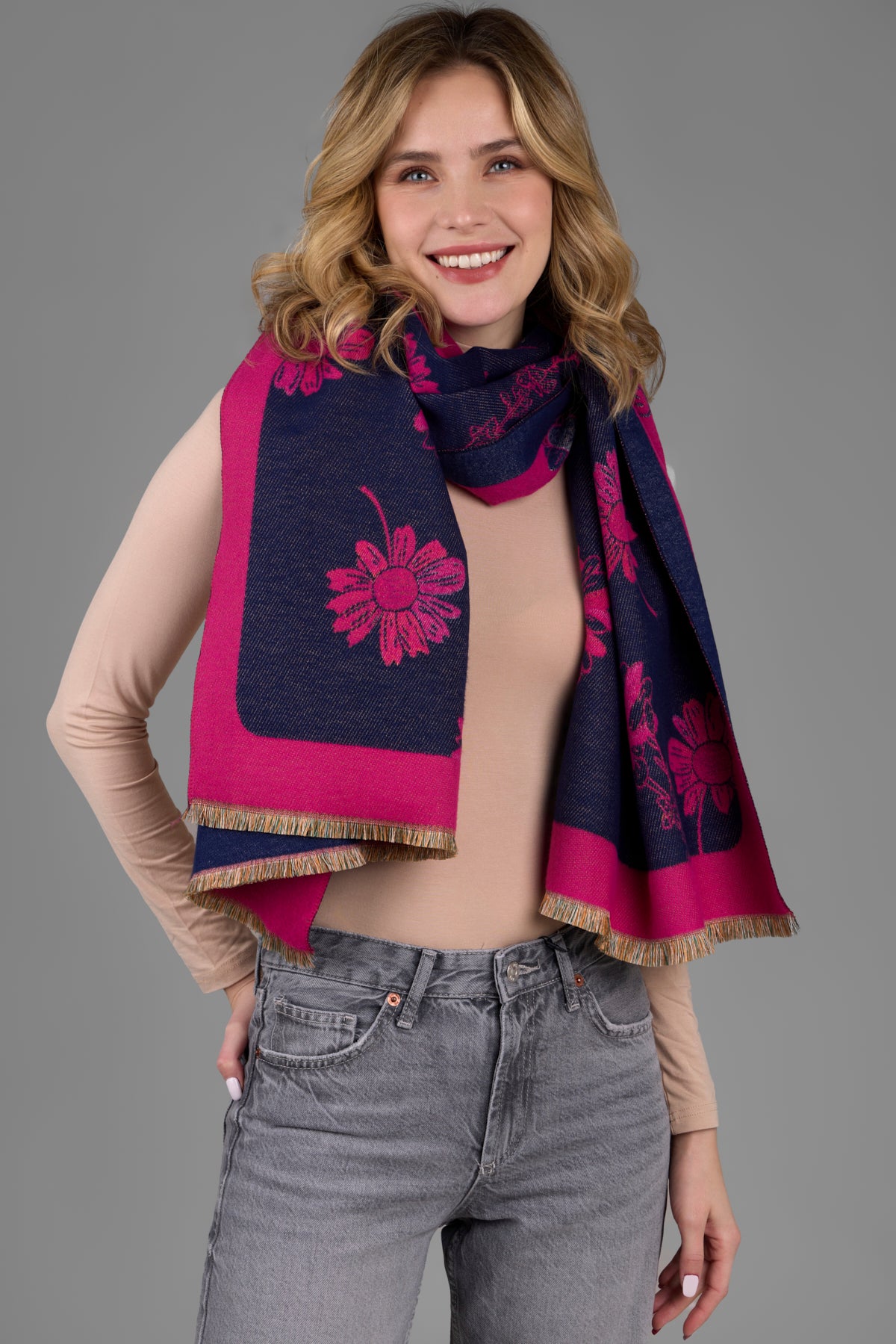 Floral Daisy Reversible Scarf - Lightweight Womens Fashion Accessory for Spring & Summer Outfits - Perfect for Office, Travel and Casual Wear