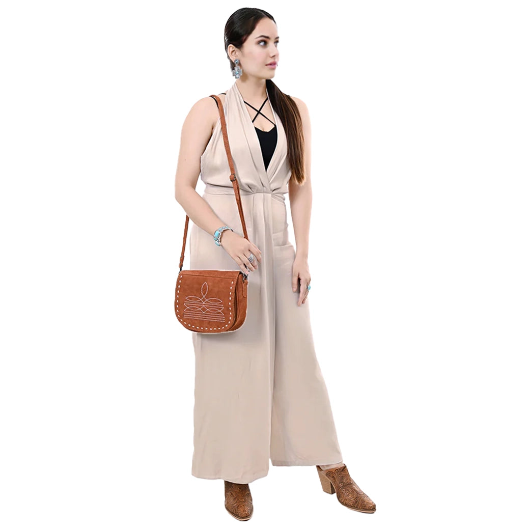 American Darling Chocolate Roughout Boot Stitch Leather Crossbody Bag - Stylish & Durable Leather Purse for Women, Perfect for Daily Use, Shopping & Travel Accessories