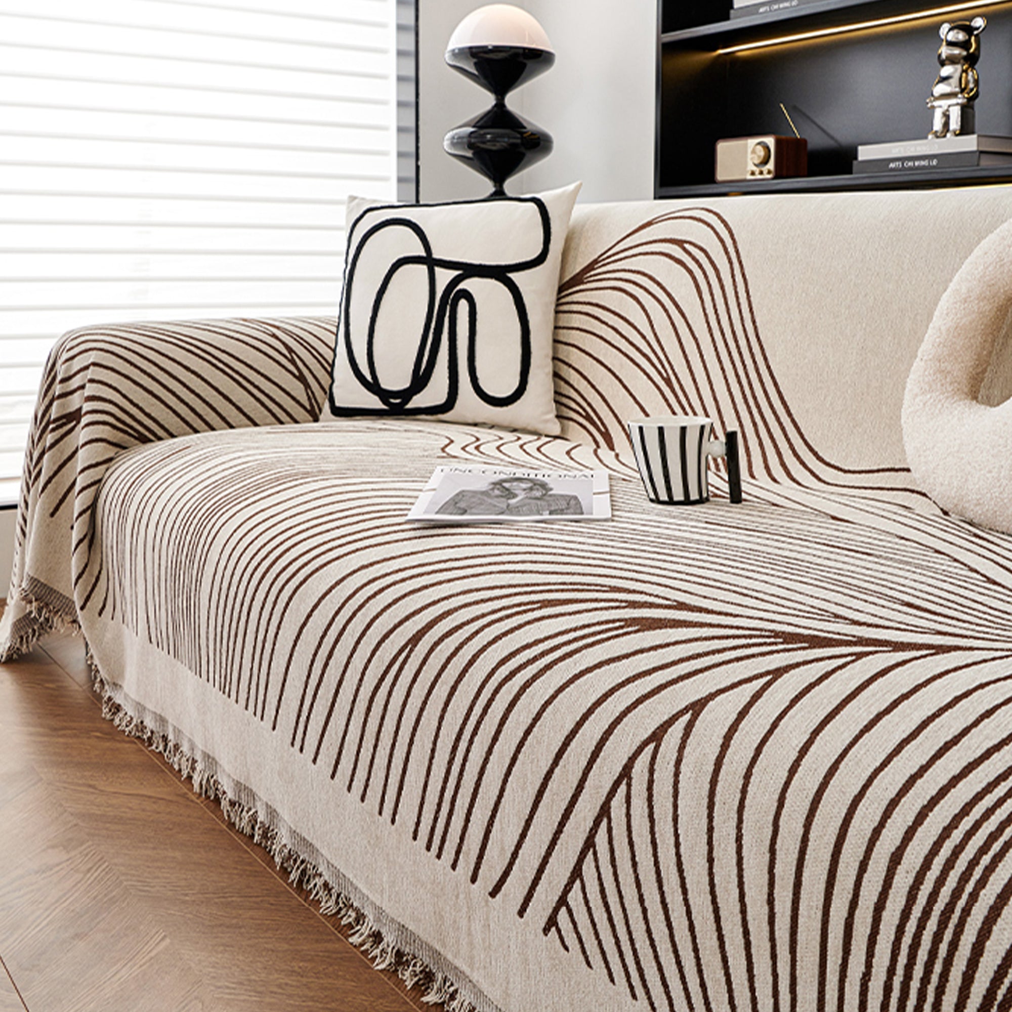 Reversible Jacquard Sofa Cover - Stretchable Couch Slipcover for Living Room, Home Decor & Furniture Protection - Fits 3 Cushion Couches (Beige) - Perfect for Pets, Kids & Daily Use