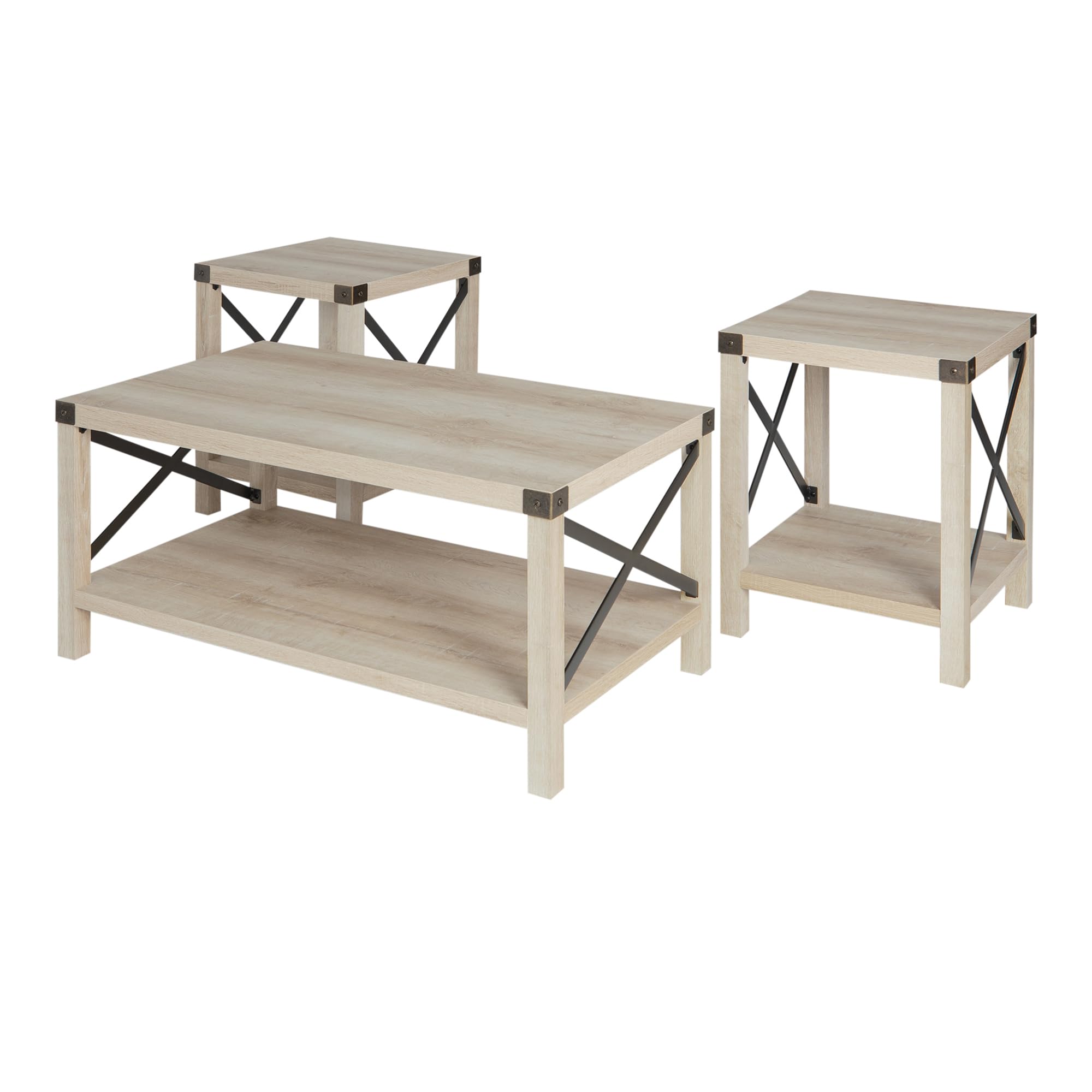 Walker Edison Sedalia Modern Farmhouse 3-Piece Metal-X Side and Coffee Table Set - White Oak Finish - Living Room Furniture for Farmhouse, Rustic & Industrial Decor (3-Pack)