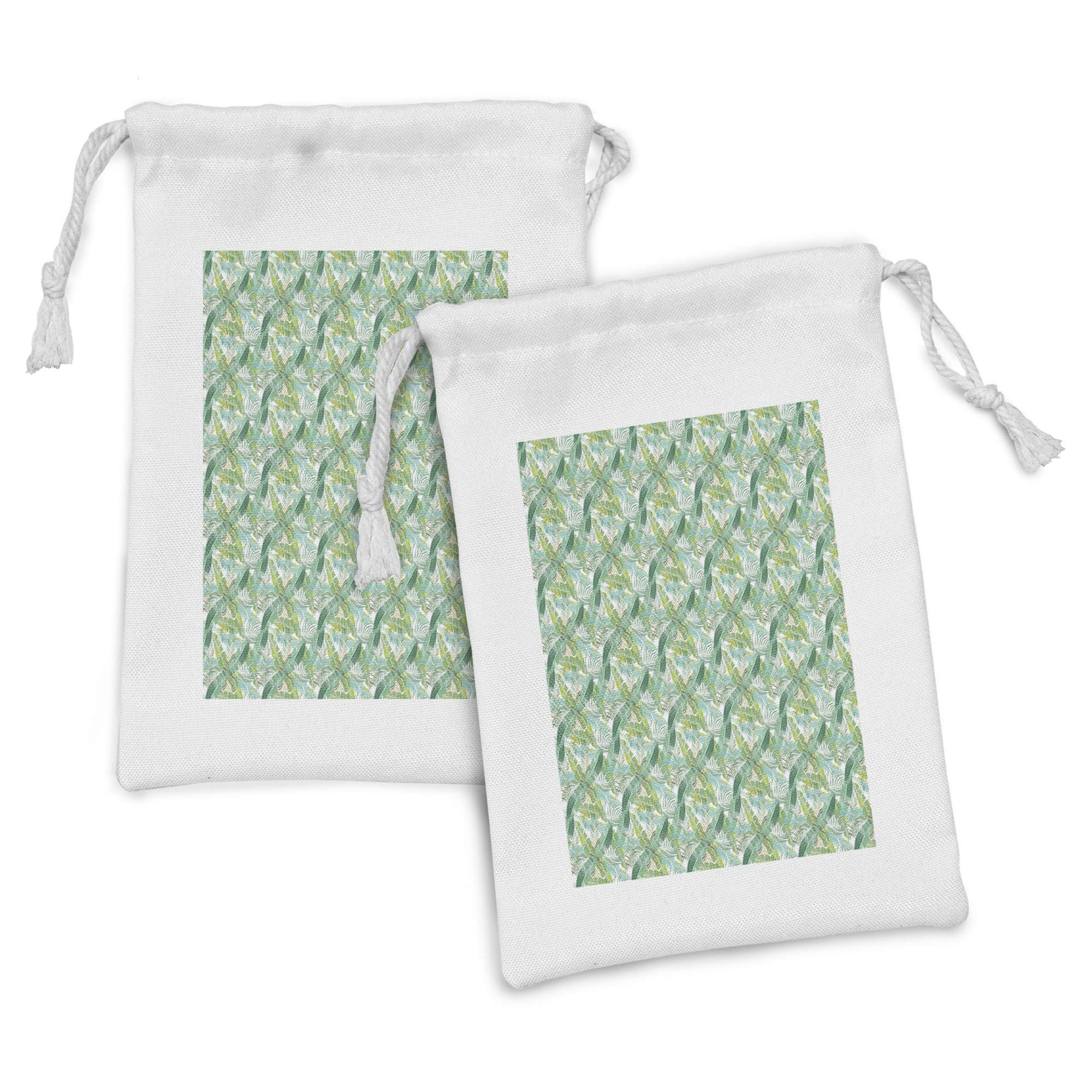 Ambesonne 2-Pack Exotic Fabric Pouch Set - Tropical Jungle Leaves Pattern Drawstring Bags for Toiletries, Masks & Favors (9