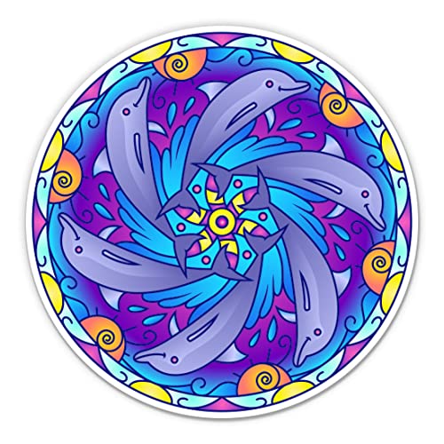 Dolphin Mandala Sticker - 3 Inch Waterproof Vinyl Decal for Laptop, Car, Phone, Water Bottle - Ocean Themed Decorative Sticker for Travel Accessories & Yoga Gear