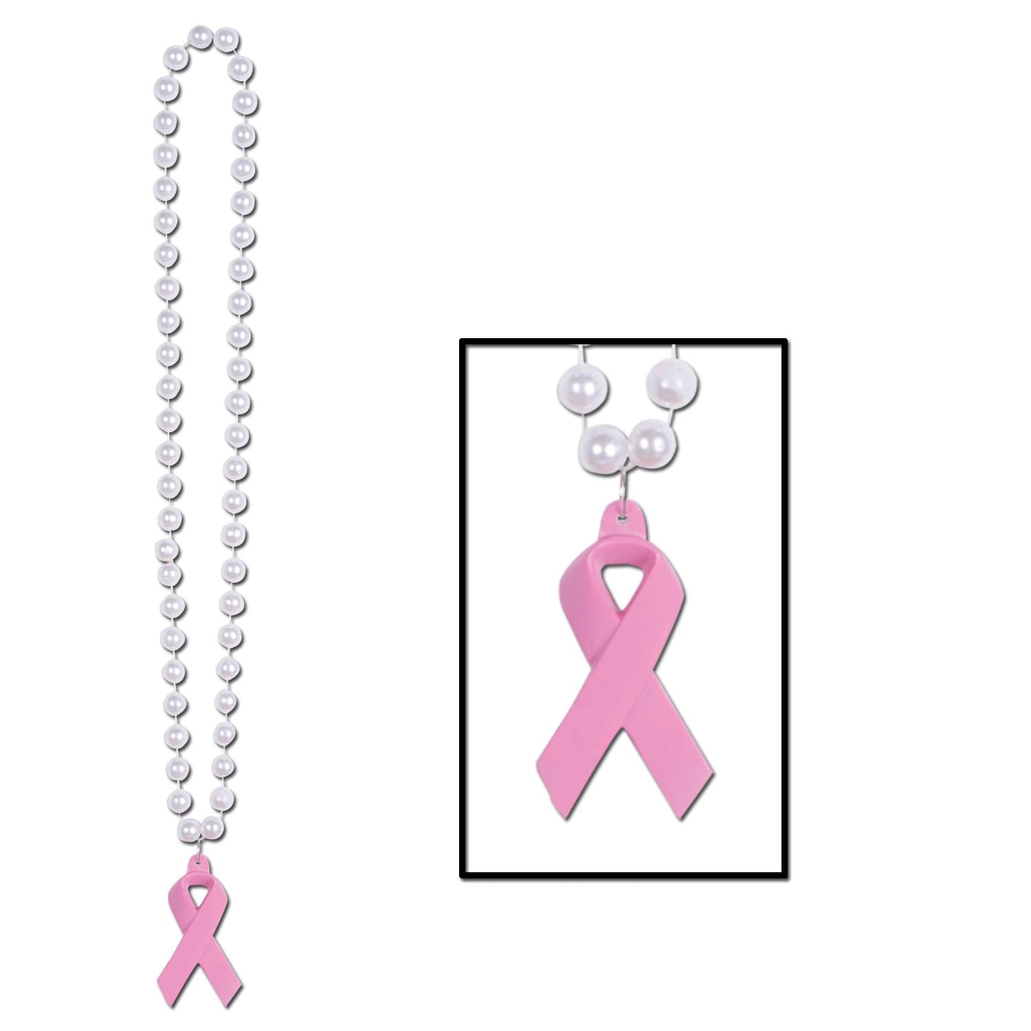 12 Pack Beaded Necklace with Pink Ribbon Medallion - Party Favors, Mardi Gras Accessories & Costume Jewelry for Women and Girls