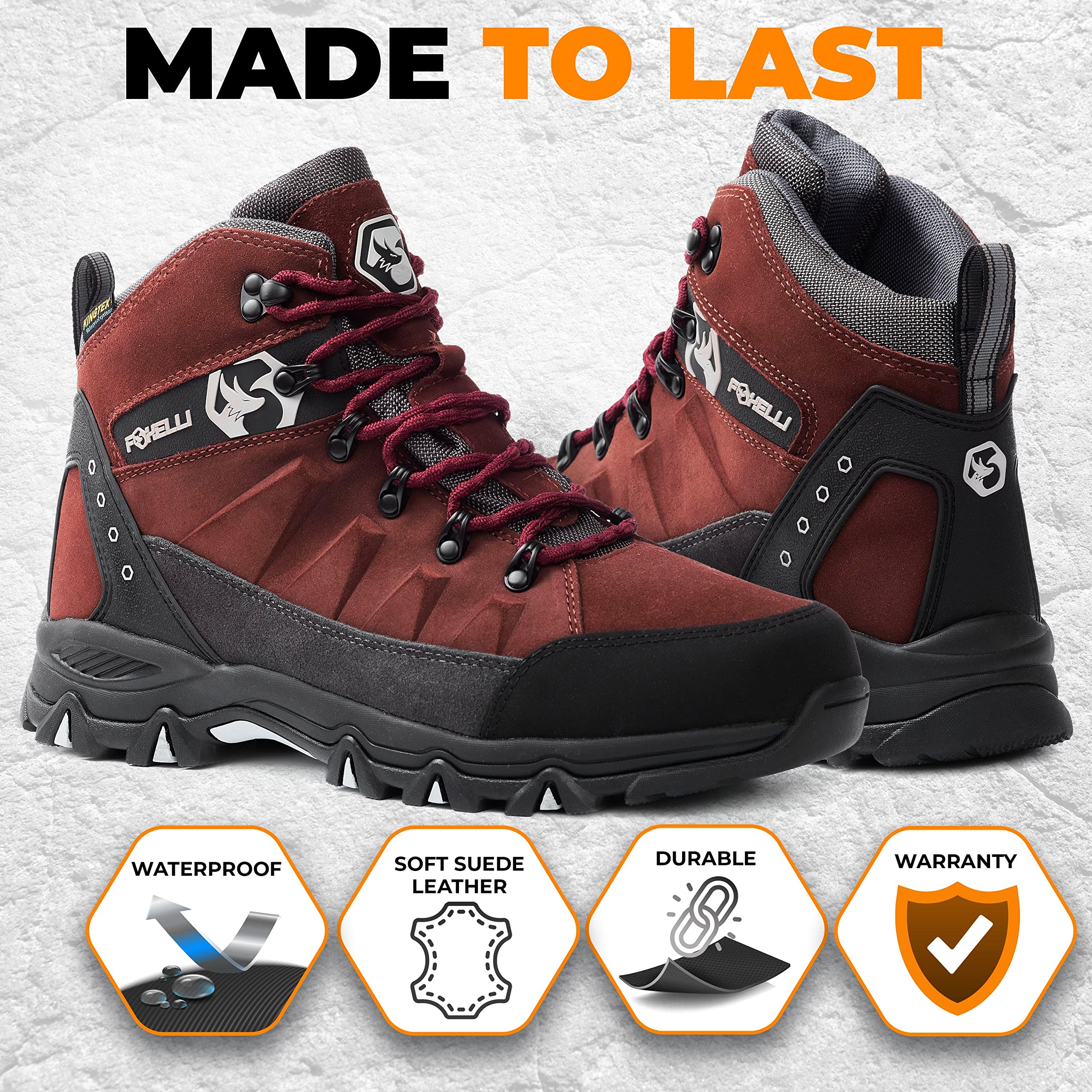 Foxelli Men's Waterproof Hiking Boots - Lightweight Breathable Suede Leather Outdoor Boots for Men | Perfect for Trail Hiking, Camping & Mountain Climbing