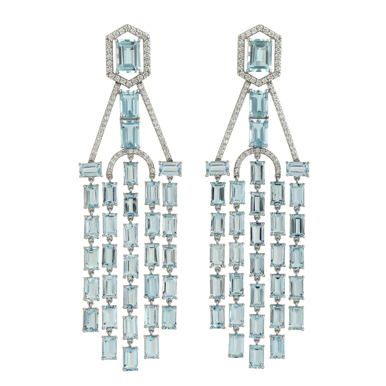 18K White Gold Baguette Aquamarine Pave Diamond Wedding Earrings – Elegant Chandelier Drop Earrings for Bridal, Prom, and Special Occasions