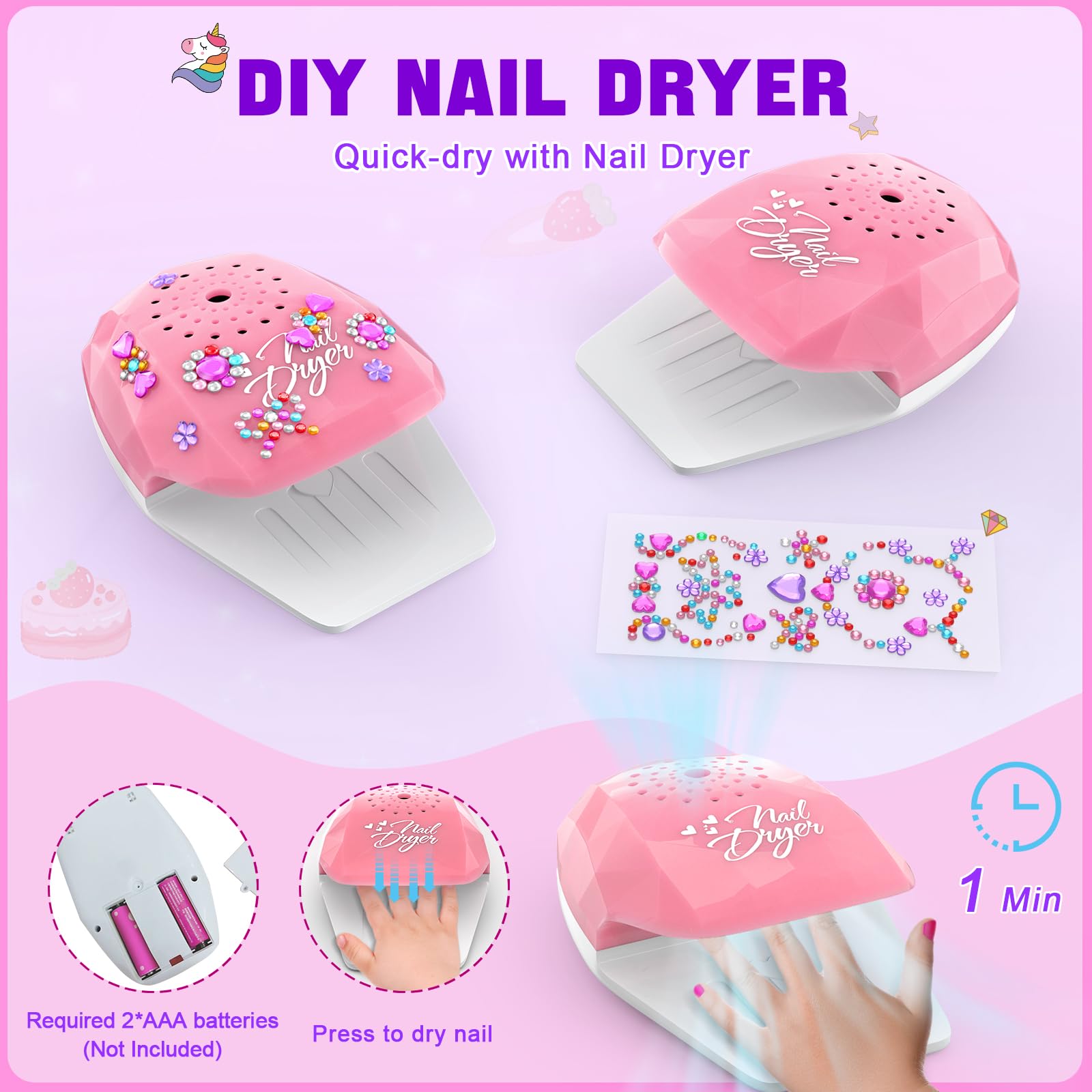 Non-Toxic Quick Dry Kids Nail Polish Set for Girls Ages 3-12 - Peelable Nail Art Salon Kit with Nail Dryer, Safe & Fun DIY Manicure Gift for Birthday Party, Spa Day & Pretend Play