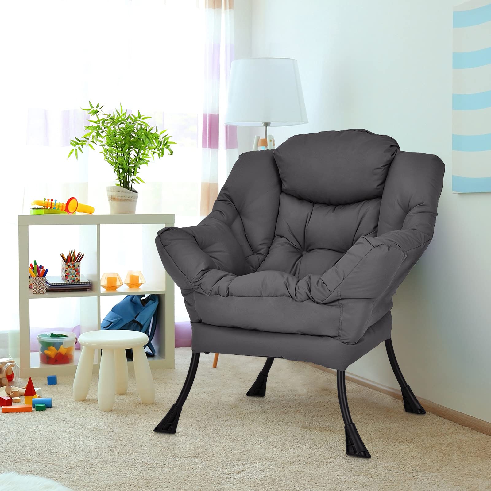 Giantex Modern Lazy Chair - Contemporary Accent Lounge Chair with Polyester Fabric & Sturdy Steel Frame, Upholstered Single Sofa Chair with Armrests & Side Pocket - Perfect for Living Room, Bedroom, Office or Reading Nook (Grey)