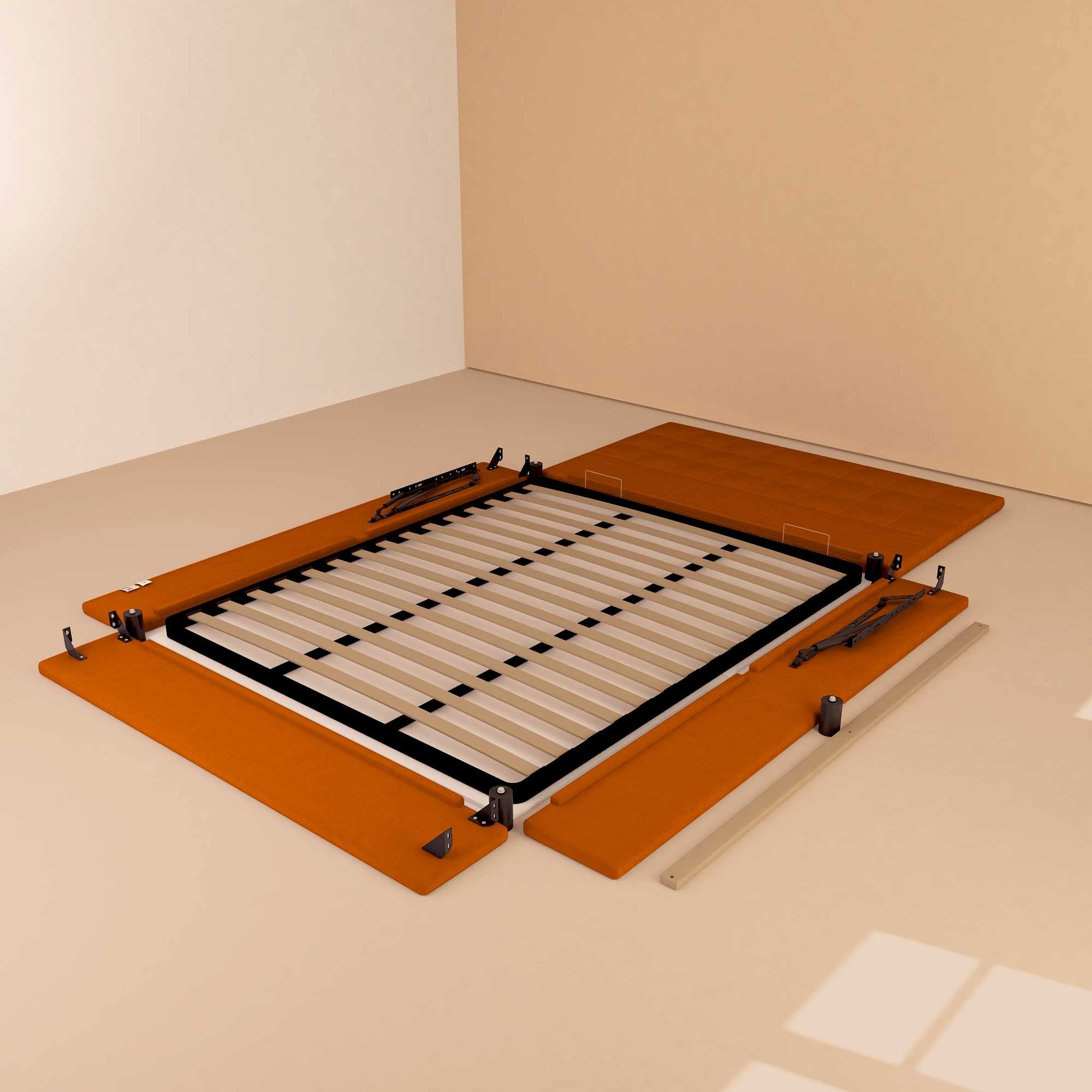 Baldiflex Square and Half Bed with Dublin Fabric Storage, Slatted Base for Single Mattresses, 120 x 200 cm, Elegant Orange Headboard - Perfect for Small Bedrooms, Guest Rooms & Studio Apartments