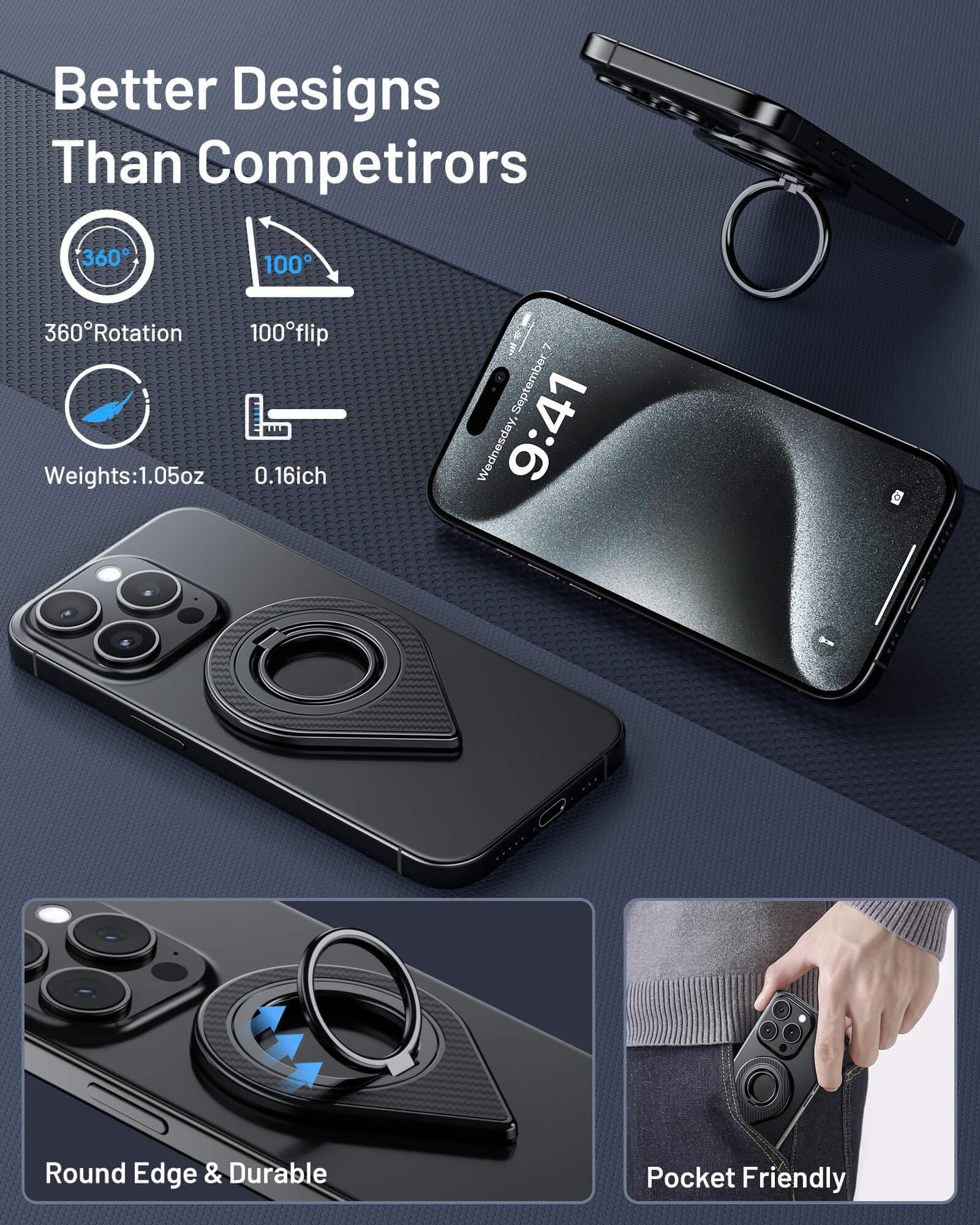 Double-Sided Magnetic Phone Grip - Strongest Magnetic Force for iPhone 15/14/13/12/11 Mini/Plus/Pro/Max & Samsung Galaxy - Removable MagSafe Ring Holder & Kickstand - Perfect for Driving, Video Calls & Hands-Free Use