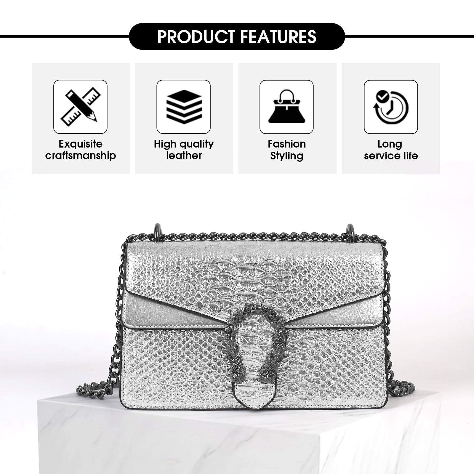 Women's Crossbody Chain Purse - Crocodile Leather Clutch Bag for Evening & Party