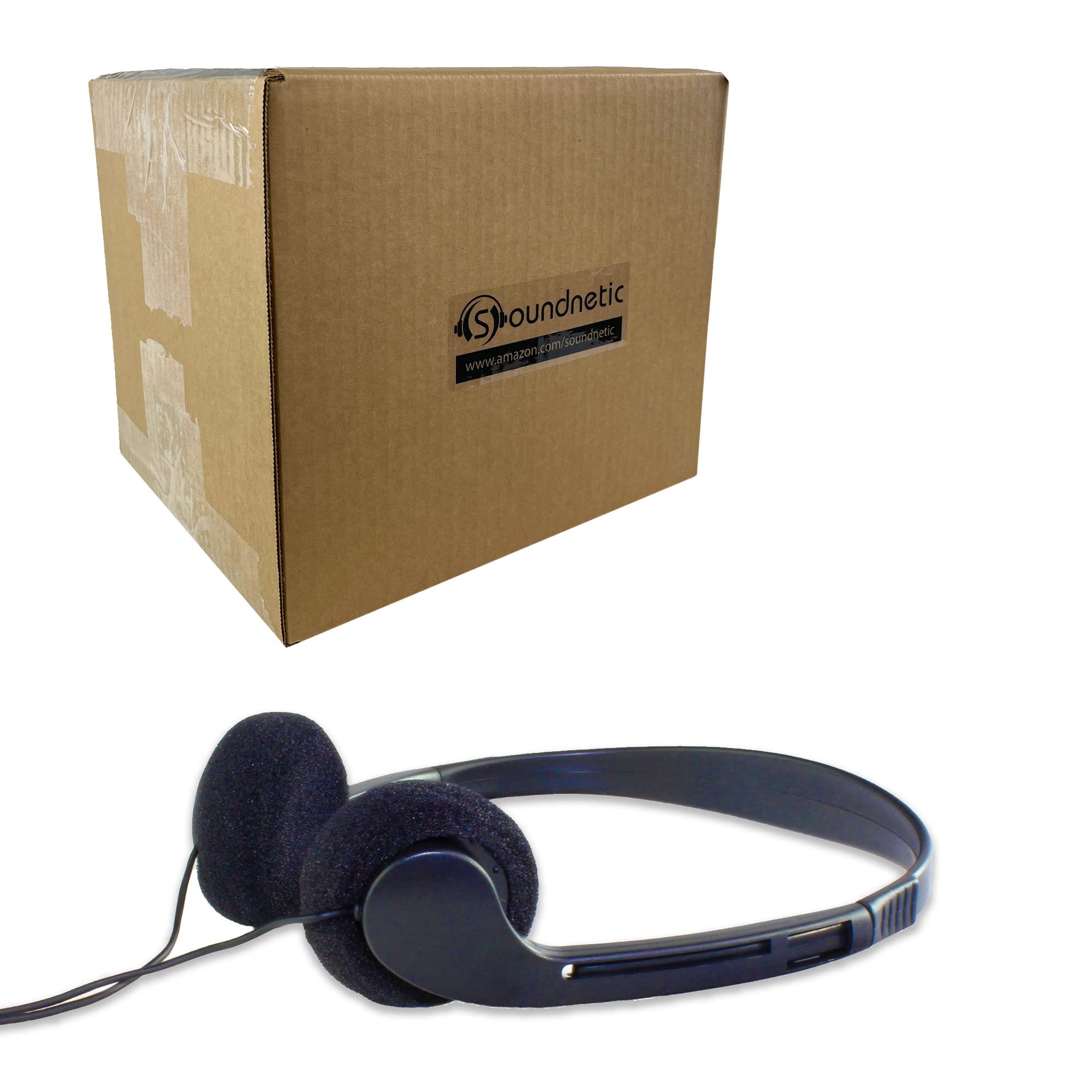 Soundnetic SN09 Disposable Stereo Headphones - 100 Pack Black Bulk Classroom Headphones for Students, School, Library, Testing & Online Learning
