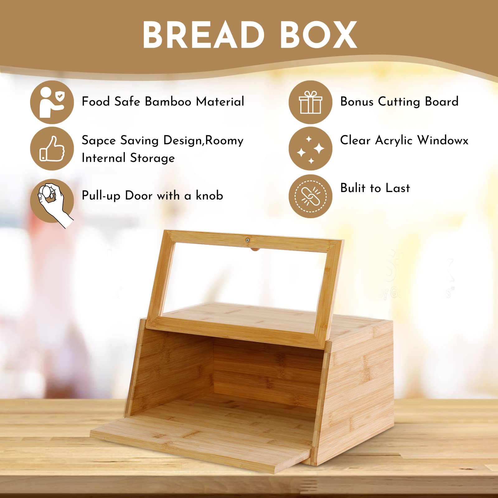 Bamboo Bread Box with Clear Window - Large Kitchen Storage Container for Bread, Sandwich, Muffins | Includes Bonus Cutting Board | Natural Wood Countertop Organizer for Fresh Bakery Storage