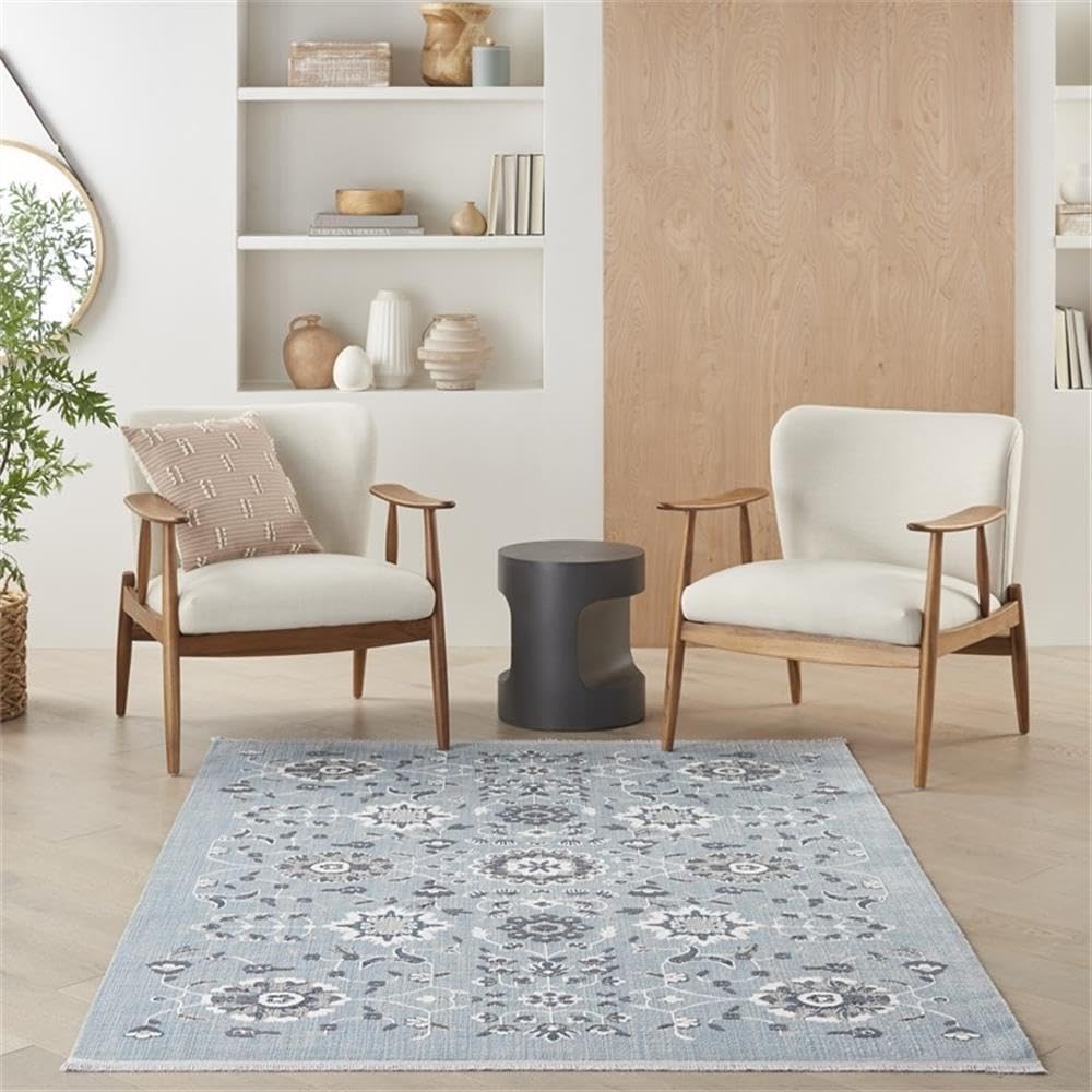 Nourison Lennox Light Blue Grey 4' x 6' Area Rug - Farmhouse Floral Design, Easy to Clean, Non-Shedding - Perfect for Bedroom, Living Room, Dining Room & Kitchen Decor (4x6)