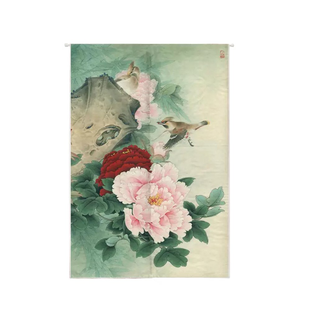 Oncefirst Japanese Noren Doorway Curtain - Handmade Linen Tapestry with Peony Design, 33.5