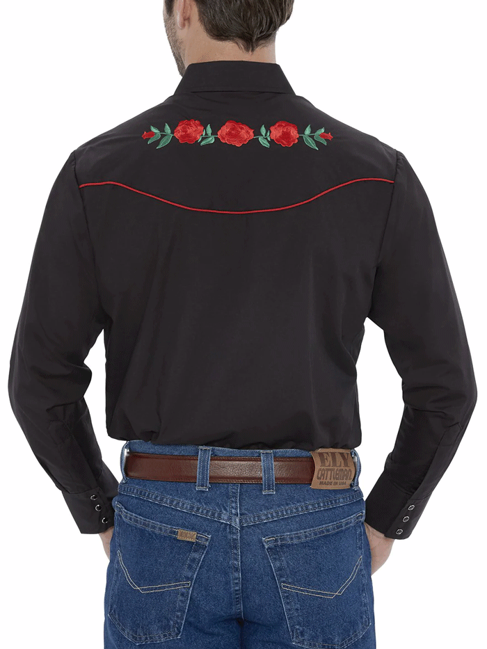 Ely Cattleman 15203901 88 Men's Black Western Shirt with Rose Embroidery - Long Sleeve Cowboy Shirt for Rodeo, Country Music Festivals & Western Style Outfits