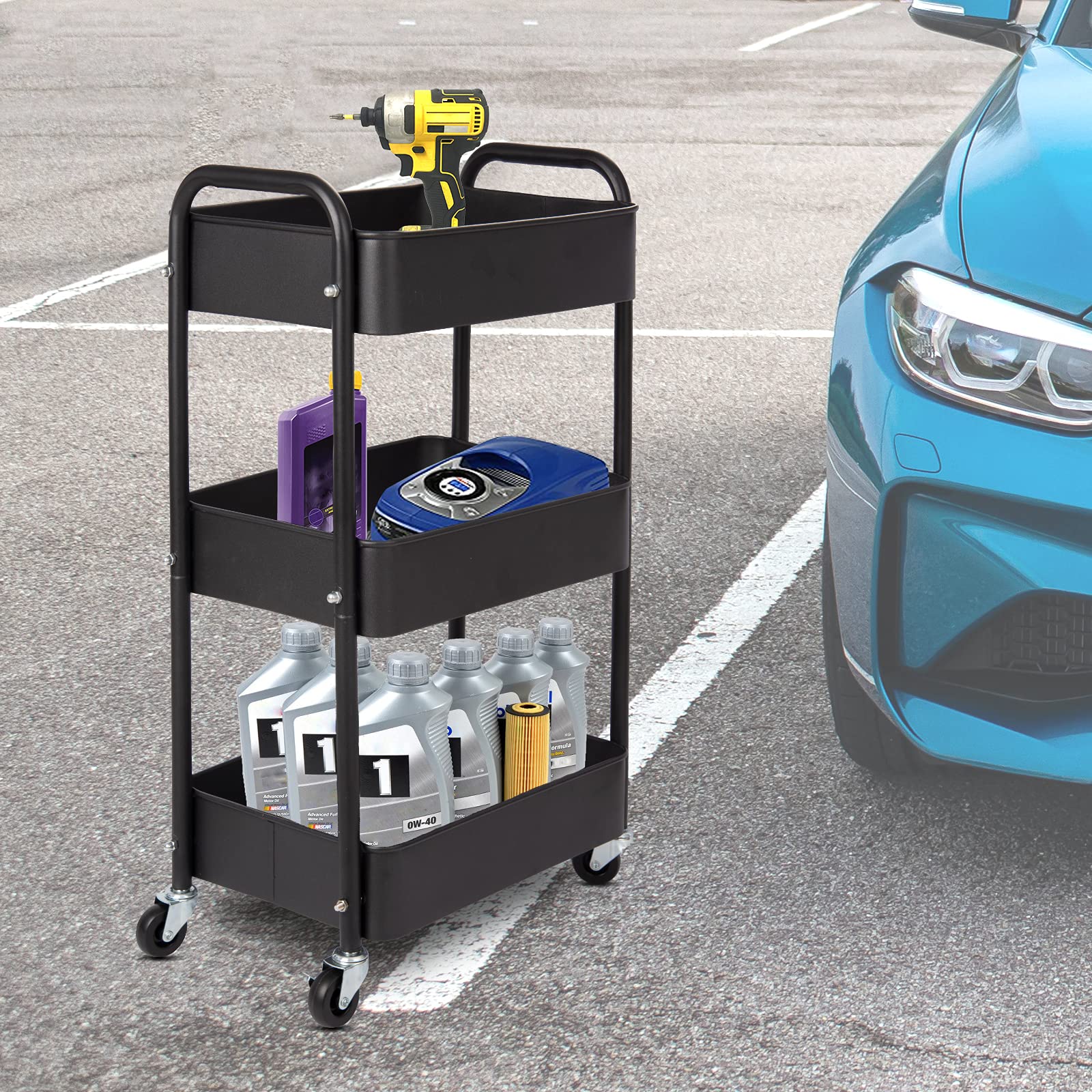 ABCOOL 3-Tier Rolling Metal Utility Cart with Wheels - Multi-Purpose Storage Organizer for Kitchen, Bathroom, Bedroom, Office, Dorm & Laundry - Perfect for Organizing Cleaning Supplies, Crafts & College Essentials