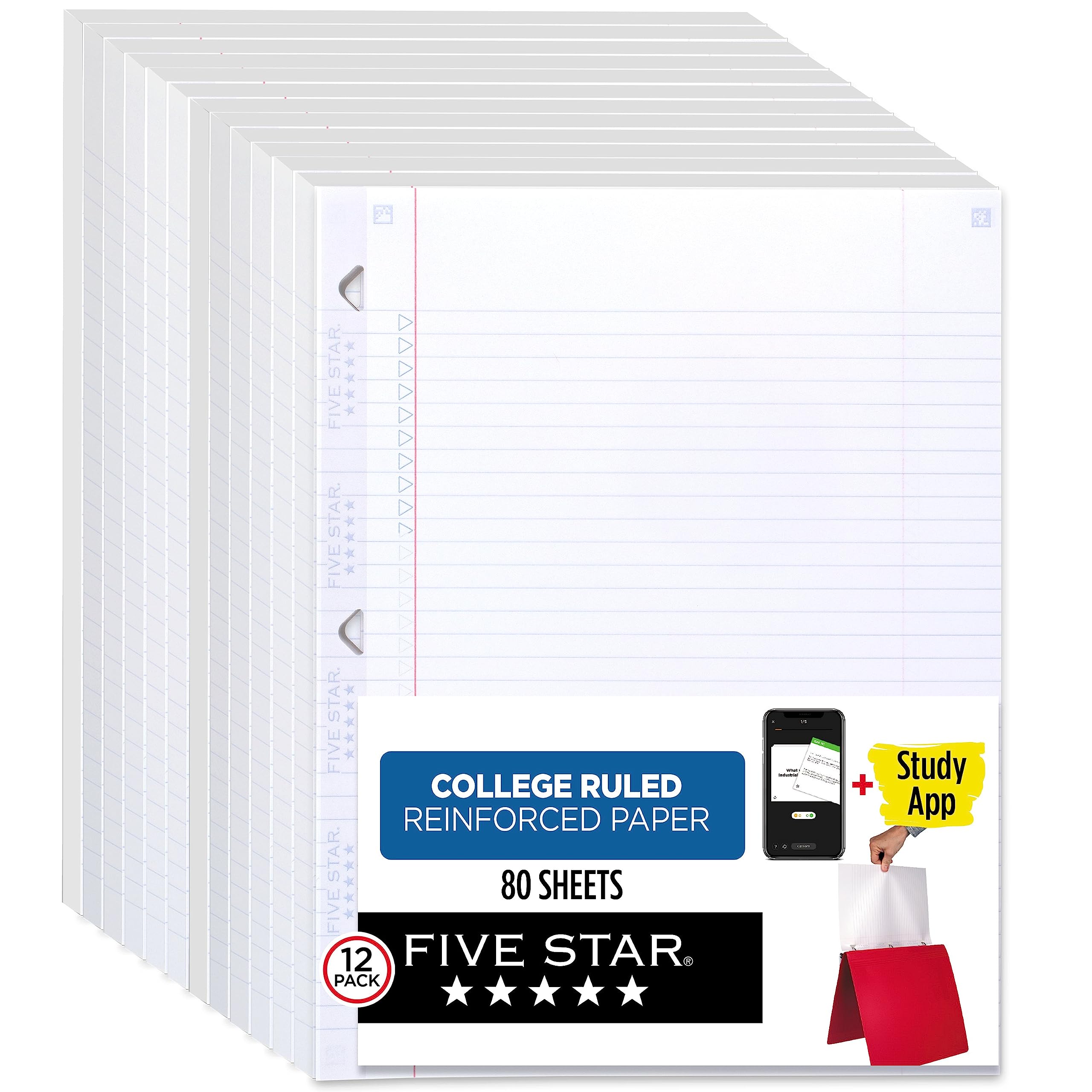 Premium 5-Star Loose Leaf Paper 12-Pack - College Ruled Notebook Filler Paper, 8.5