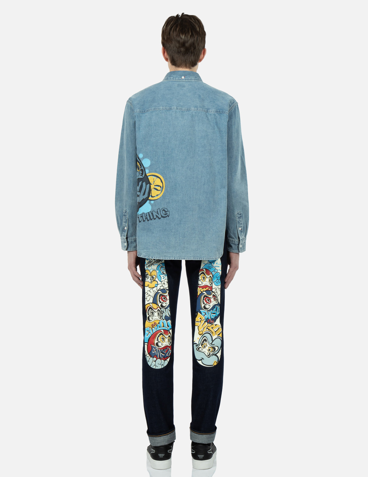 Graffiti Daruma Print Denim Shirt for Men - Stylish Japanese Streetwear Fashion - Perfect for Casual Outfits, Urban Street Style & Festival Wear
