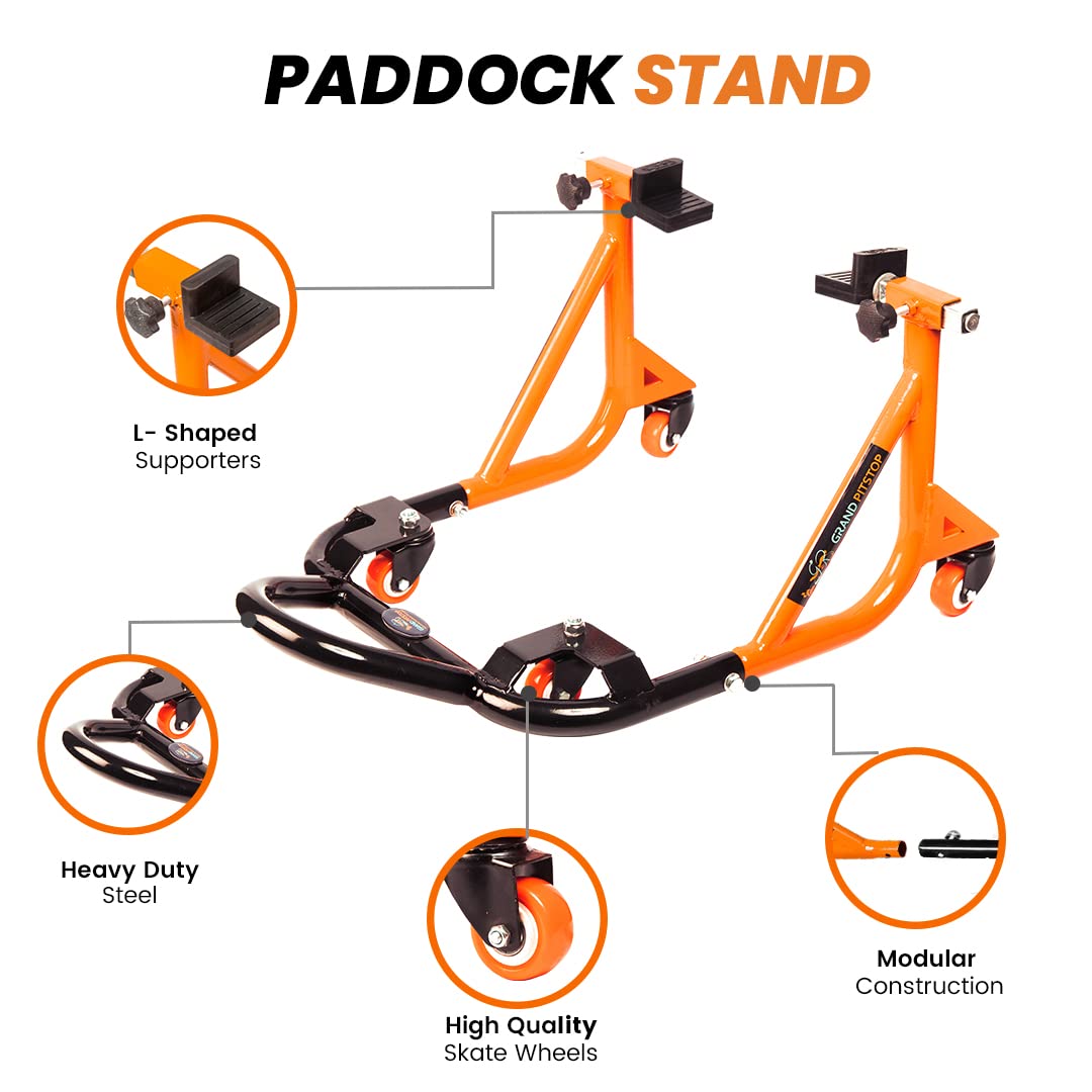 Universal Adjustable Motorcycle Rear Paddock Stand with Swingarm Rest - 360° Rotatable, Supports Up to 500 lbs (226 kg) - Black & Orange - Perfect for Bike Maintenance, Storage & Transport
